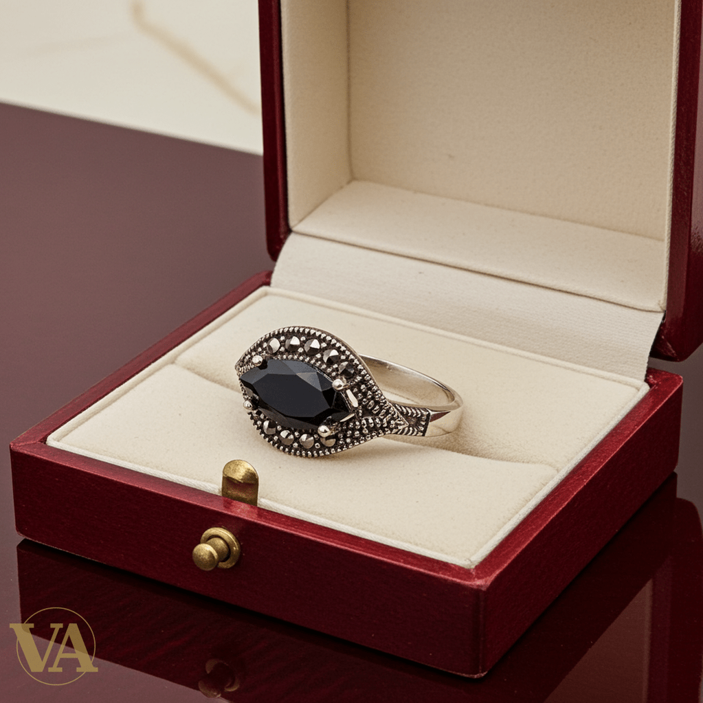 Bague femme en argent 925 sertie d’onyx noir et de marcassites - Argent 925 - Vindicta