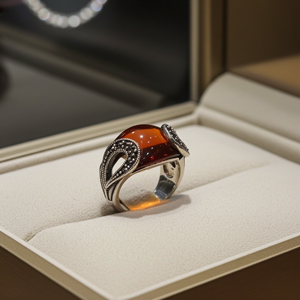 Bague Femme Argent 925 Agate Orange & Marcassites