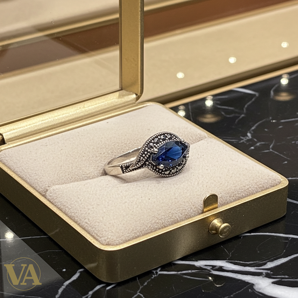 Bague Femme Marquise Argent 925 – Pierre bleue & Marcassites-Vindicta : Bijoux Argent 925 Massif, Luxe et Héritage