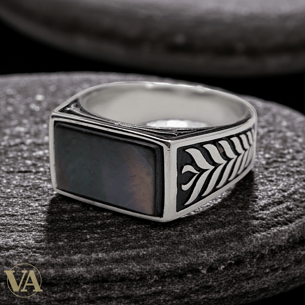 Chevalière Homme Argent 925 Nacre Gris Anthracite Motif Feuille Ciselé - Argent 925 - Vindicta