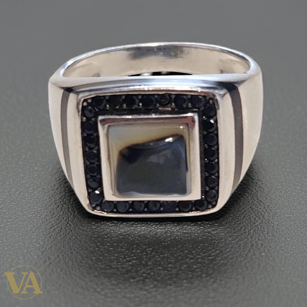 Bague homme argent 925 agate grise & pierres noires - Argent 925 - Vindicta