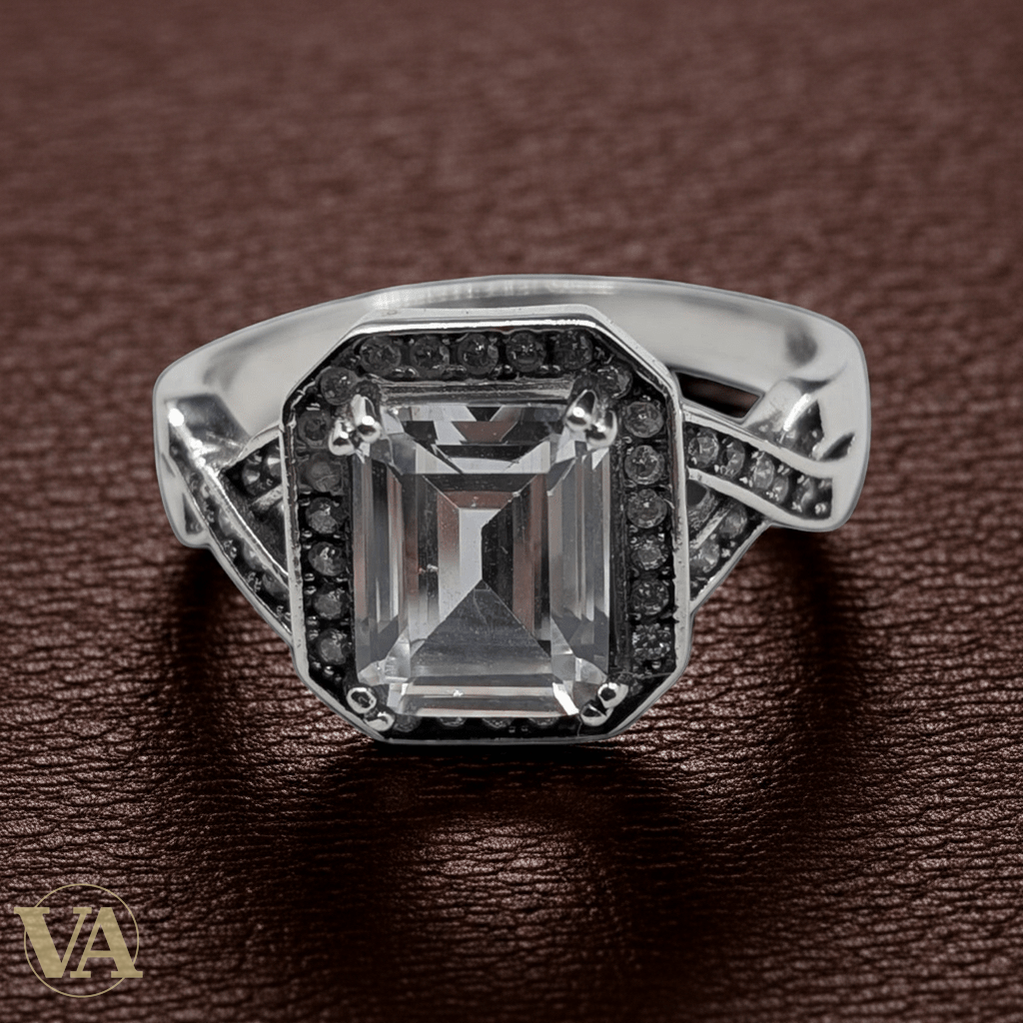 Bague Femme Argent 925 Zircon Émeraude Halo Marcassite Art Déco - Argent 925 - Vindicta