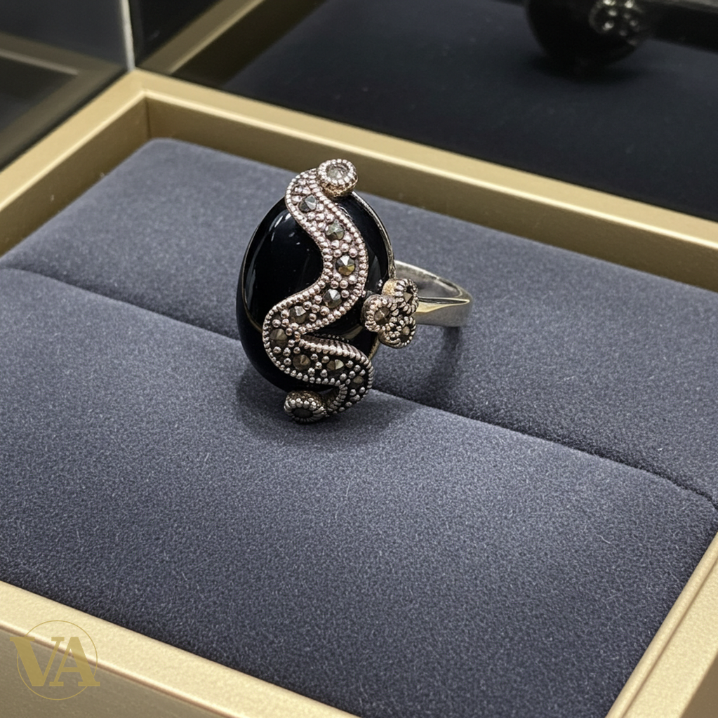 Bague femme argent 925 onyx & marcassites – Élégance intemporelle-Vindicta : Bijoux Argent 925 Massif, Luxe et Héritage