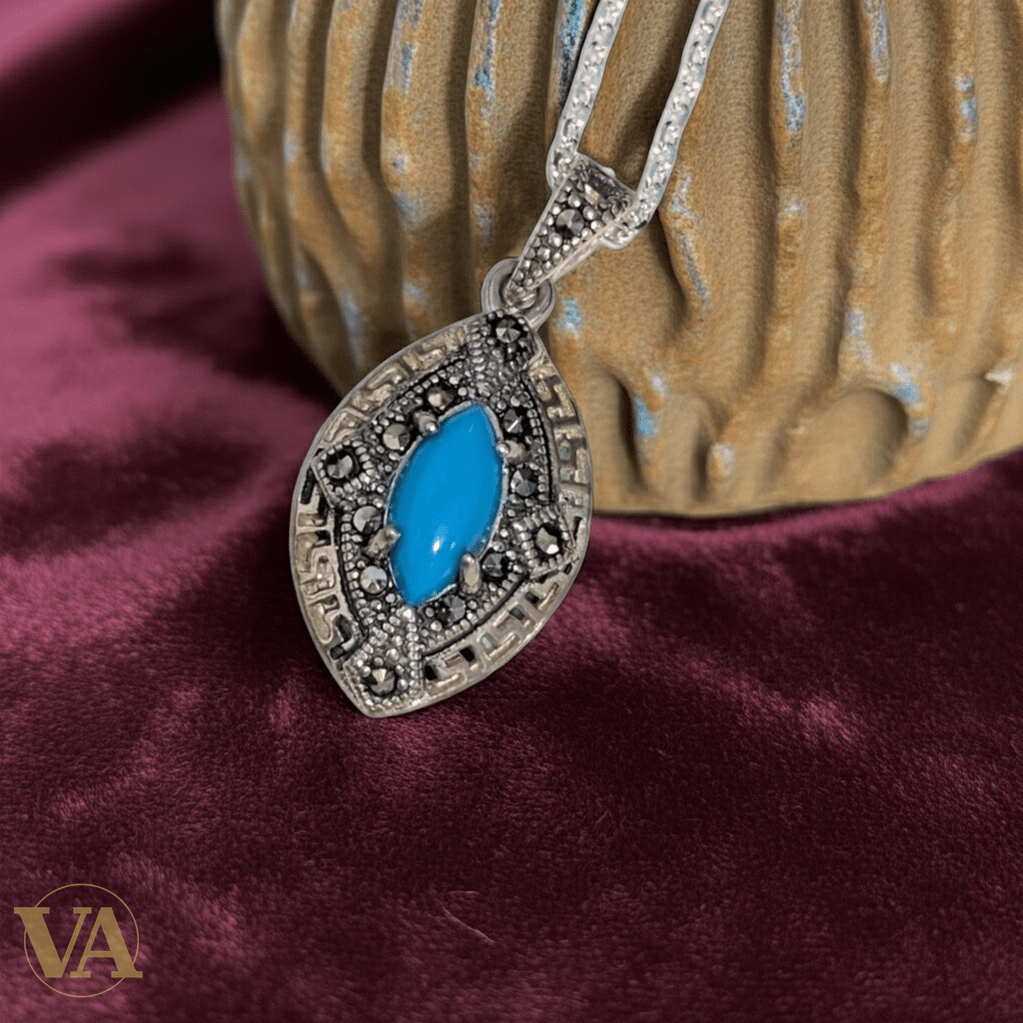 Collier Femme Turquoise Marcassite Argent 925 - Pendentif Art Déco Bleu - Argent 925 - Vindicta