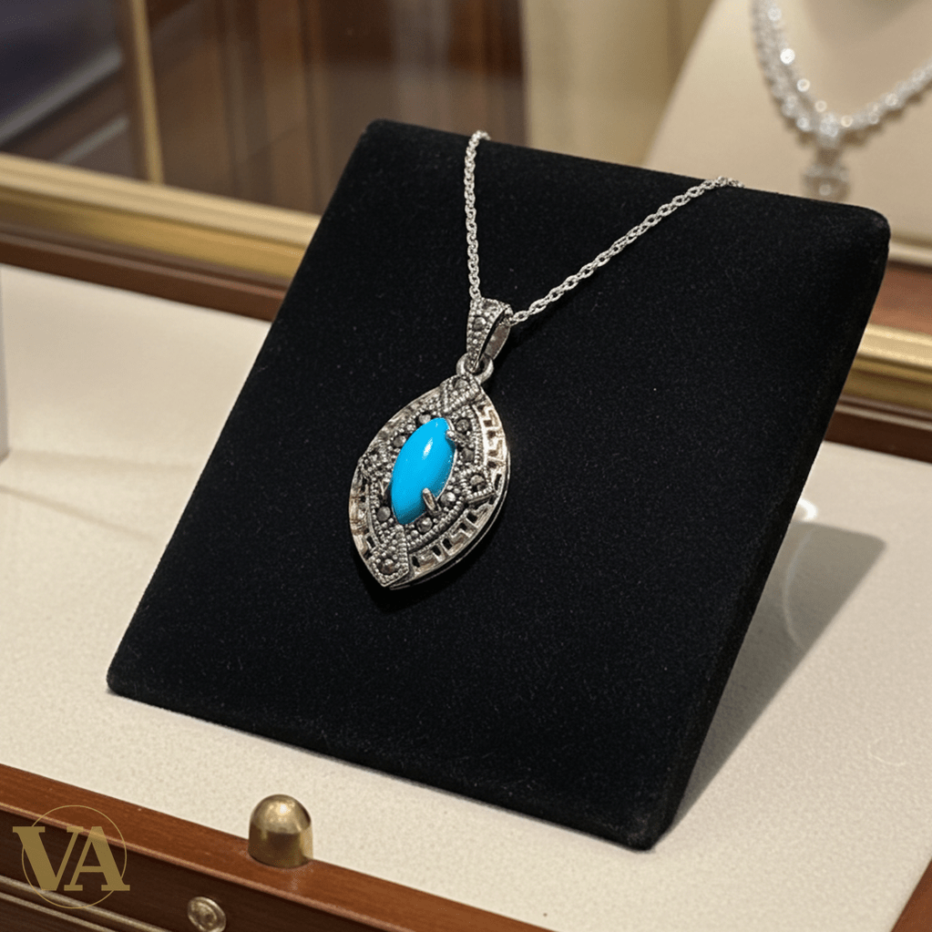 Collier Femme Turquoise Marcassite Argent 925 - Pendentif Art Déco Bleu - Argent 925 - Vindicta