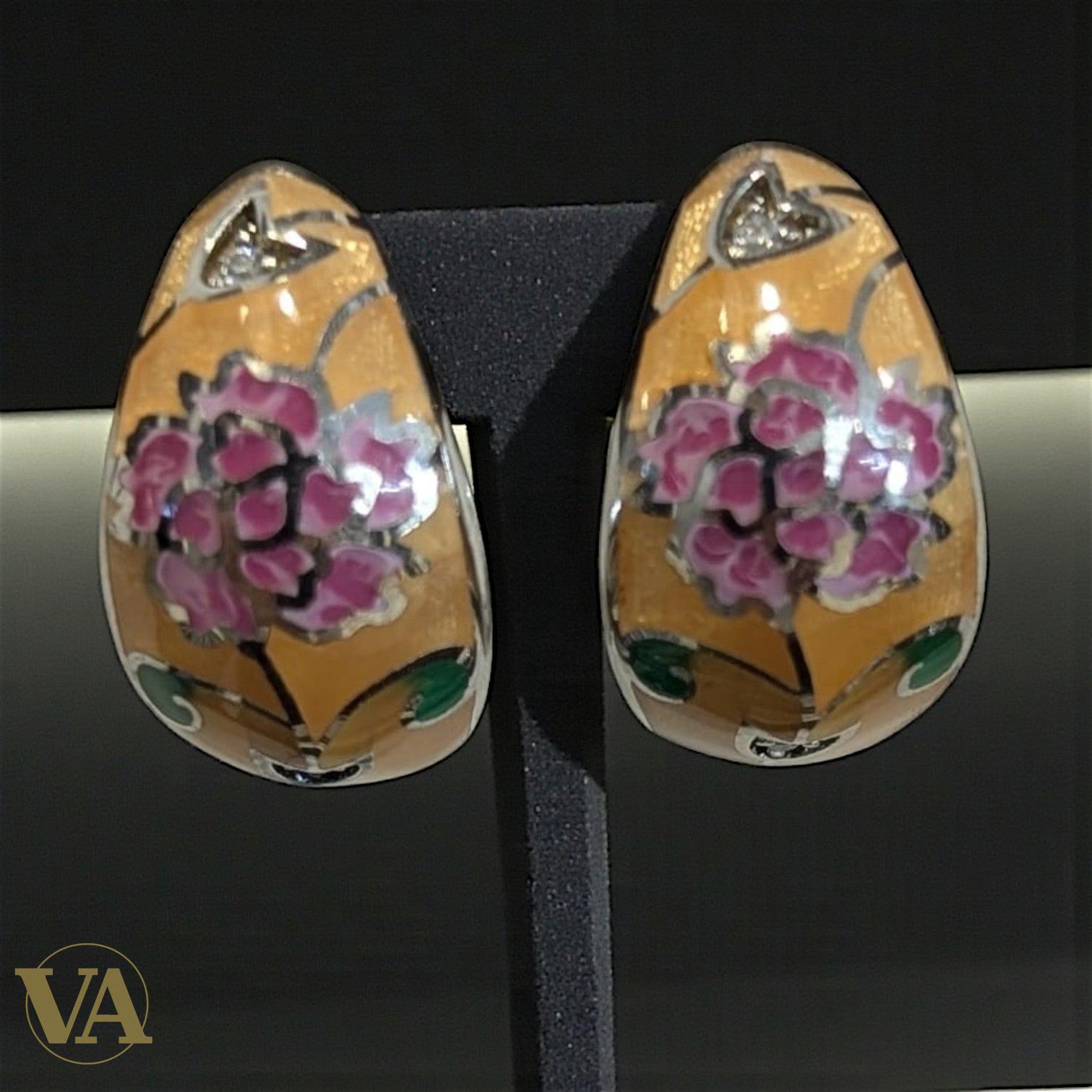 Boucles d'oreilles Femme Argent 925 – Émail Pivoine Rose & Ocre Cloisonné