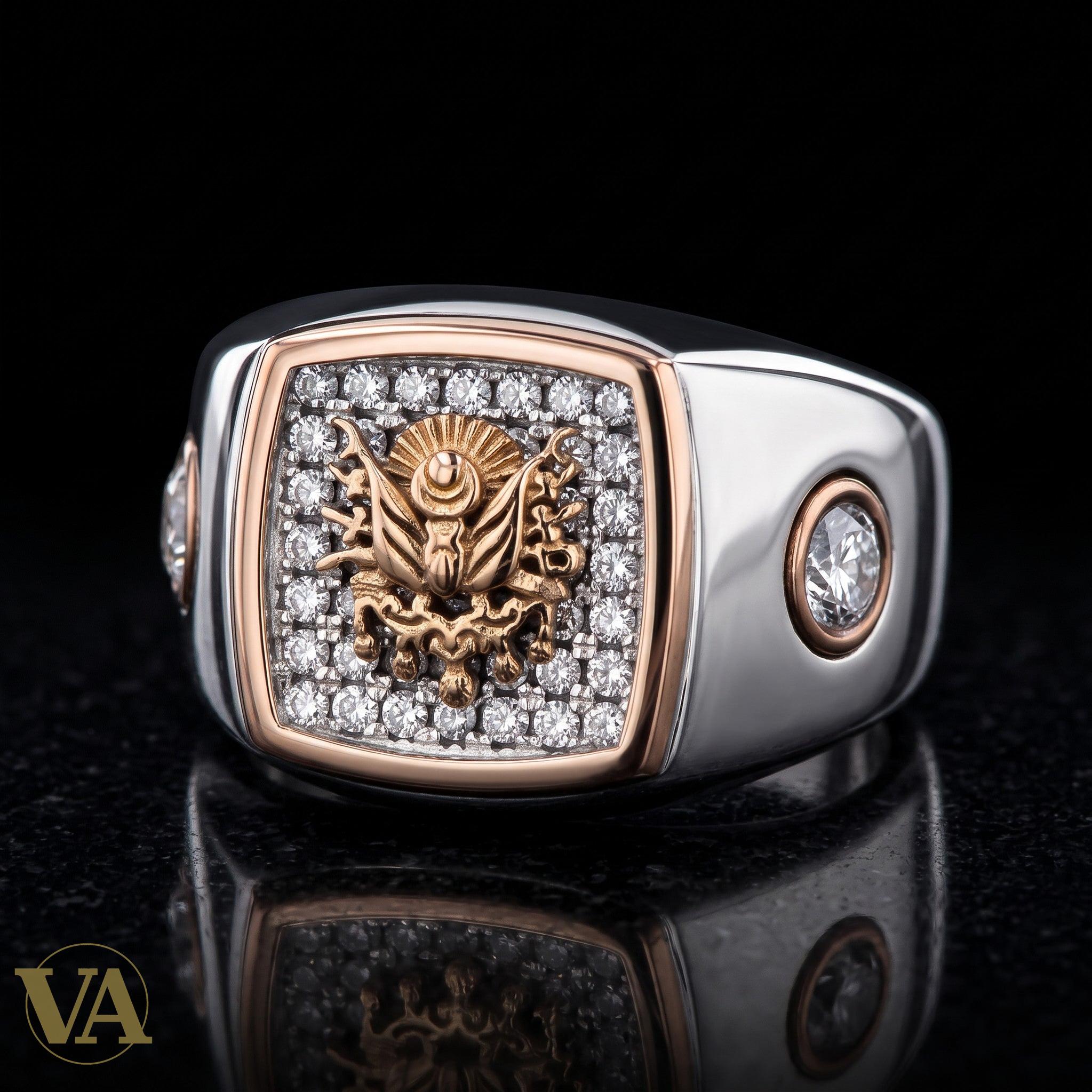 Bague Homme Argent 925 – Motif central pavé de pierres noires & détails or rose - Argent 925 - Vindicta