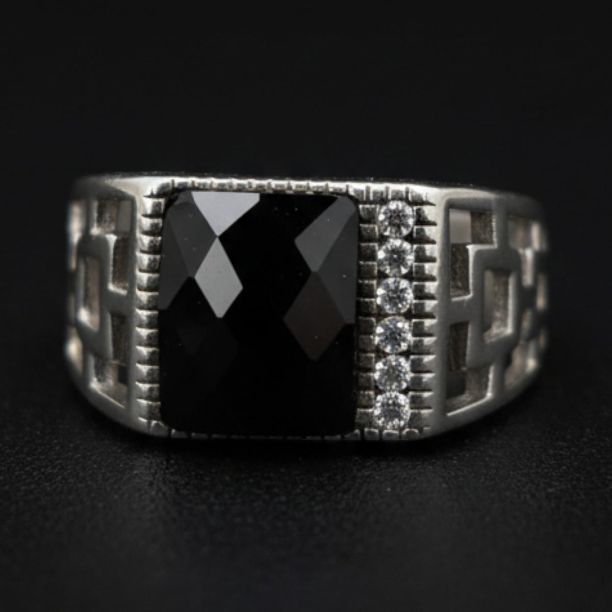 Chevalière Homme Argent 925 – Onyx Noir Facetté & Méandre Grec Ajouré - Argent 925 - Vindicta