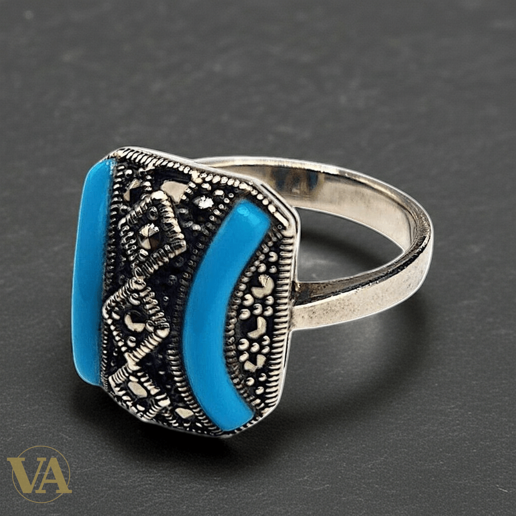Bague Femme Argent 925 Turquoise Rectangulaire & Marcassites – Double Bande - Argent 925 - Vindicta