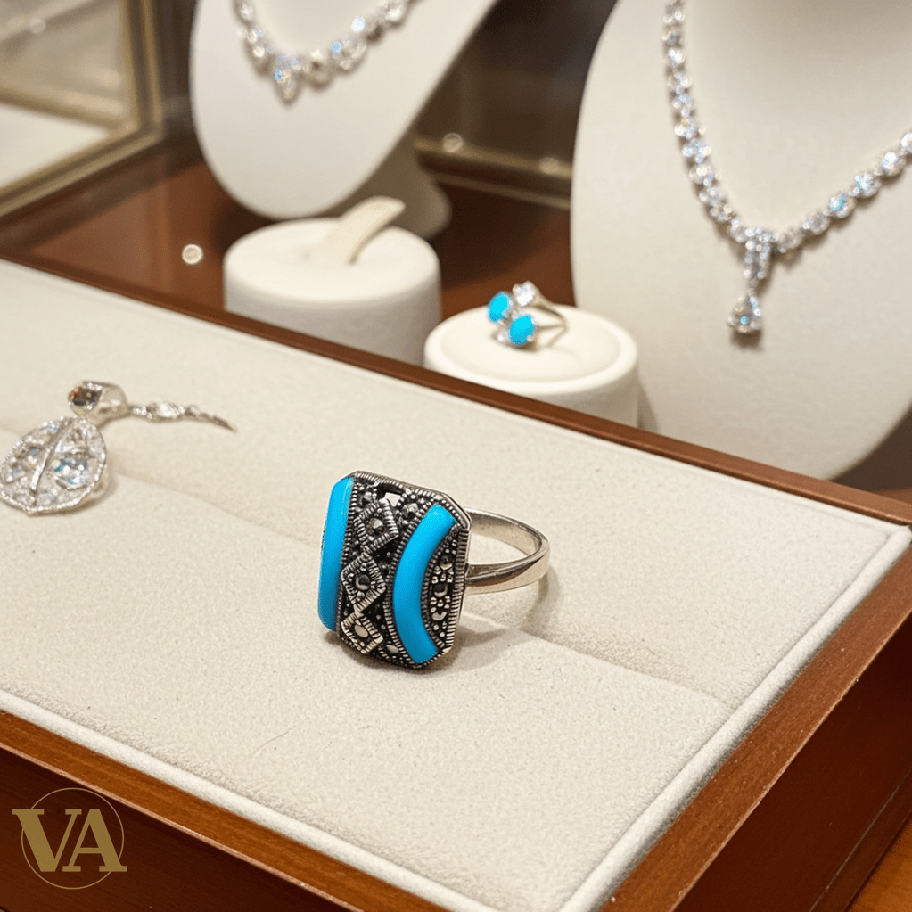 Bague Femme Argent 925 Turquoise Rectangulaire & Marcassites – Double Bande - Argent 925 - Vindicta