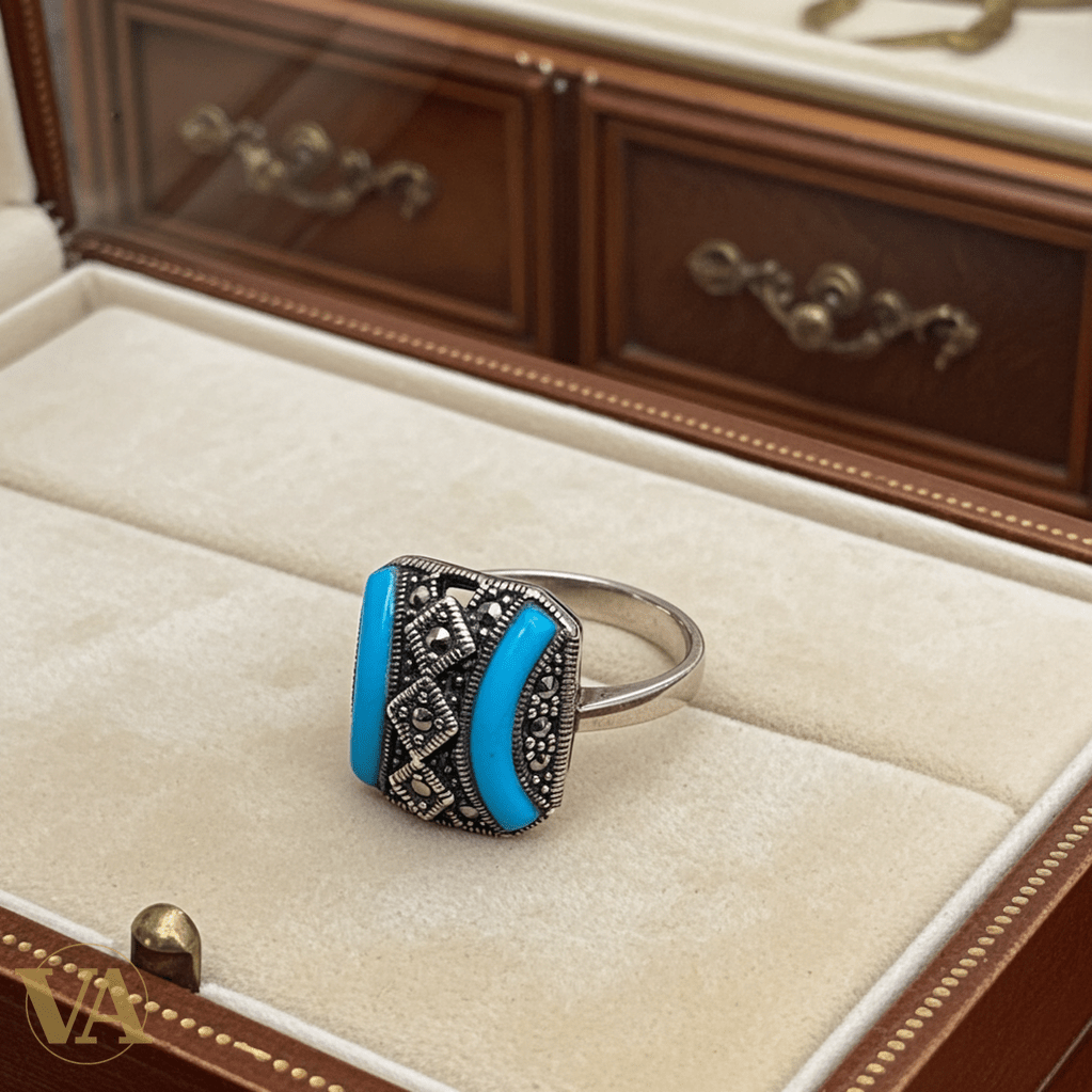 Bague Femme Argent 925 Turquoise Rectangulaire & Marcassites – Double Bande - Argent 925 - Vindicta