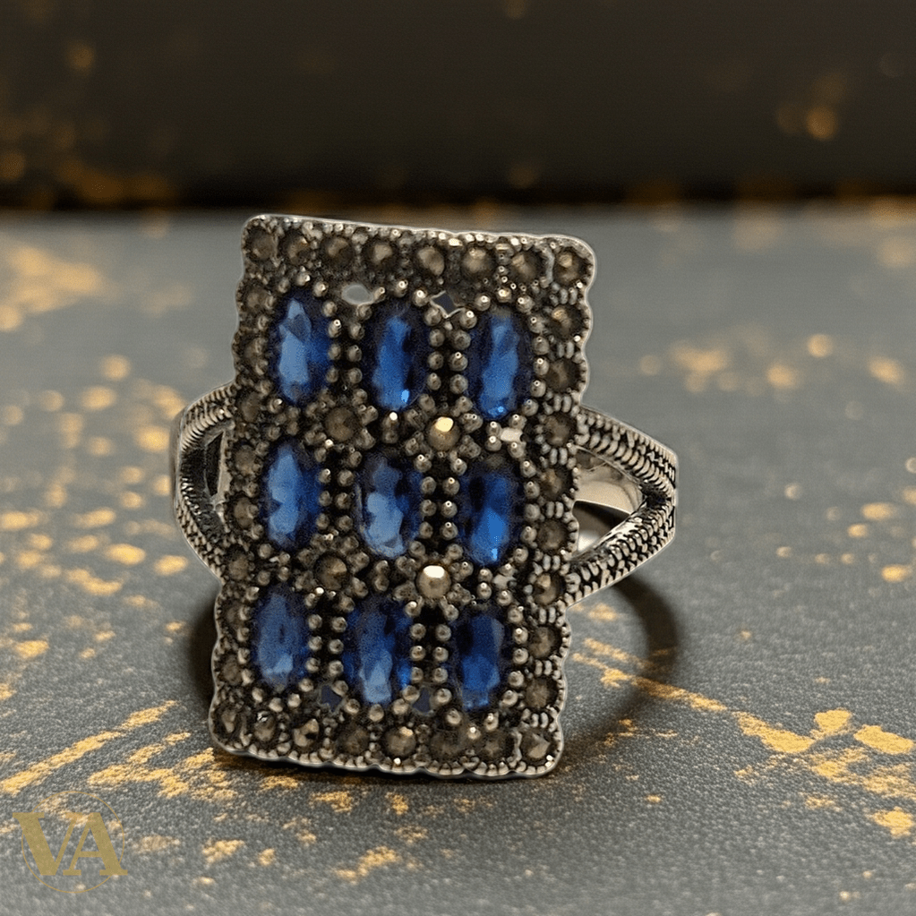 Bague femme rectangulaire en argent 925, pierres bleues & marcassite - Argent 925 - Vindicta