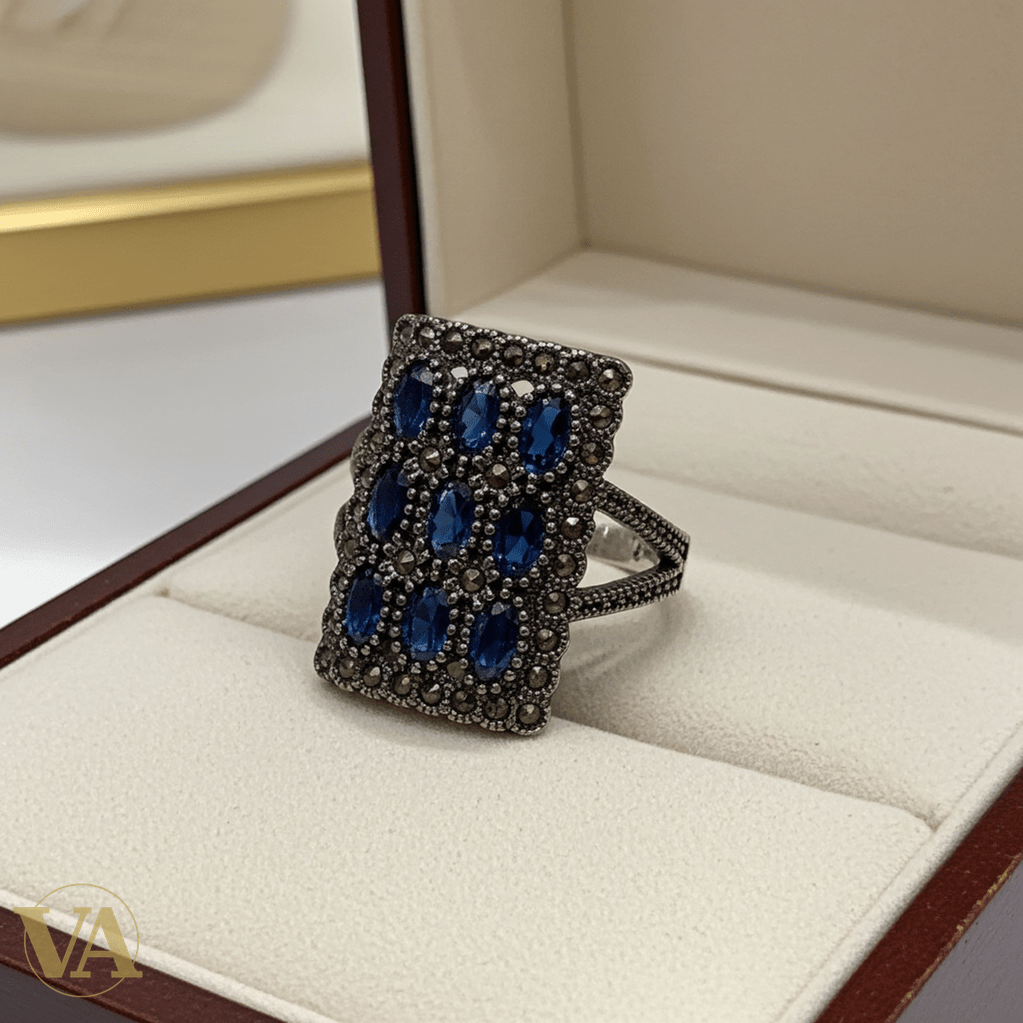 Bague femme rectangulaire en argent 925, pierres bleues & marcassite - Argent 925 - Vindicta