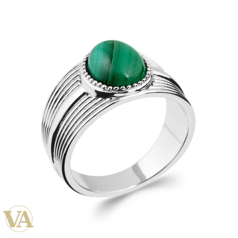 Bague Femme Argent 925 Rhodié – Malachite Ronde et Épaules Striées — vue du bijou non porté