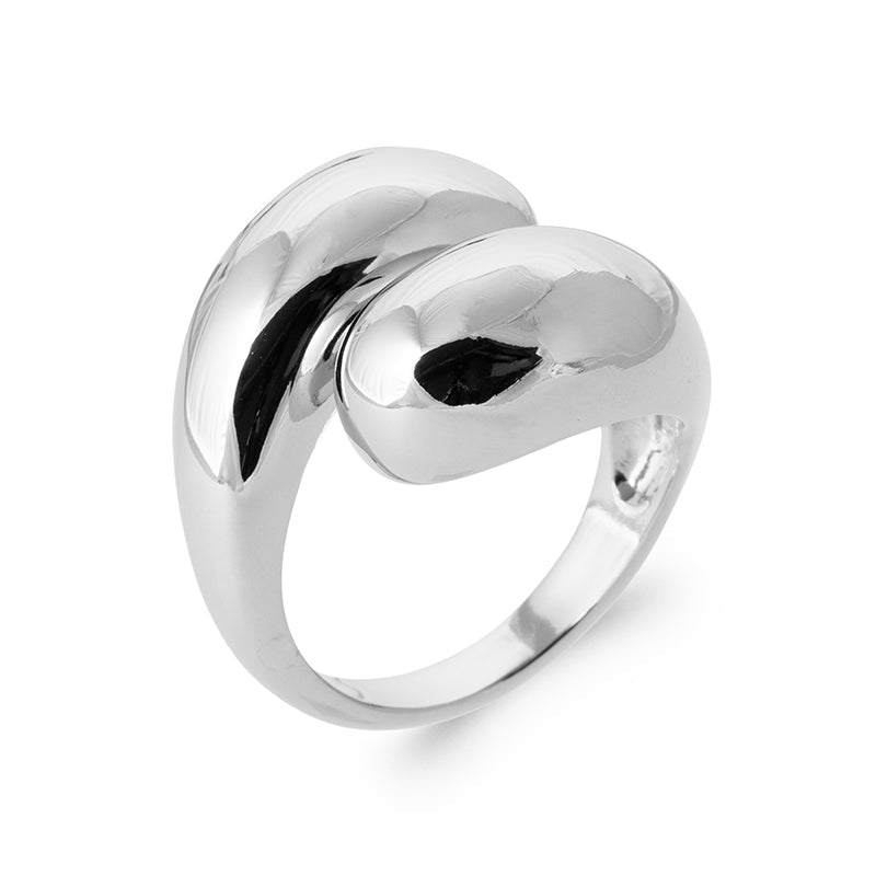 Bague Femme Argent 925 Rhodié – Deux Gouttes Polies Croisées — détail