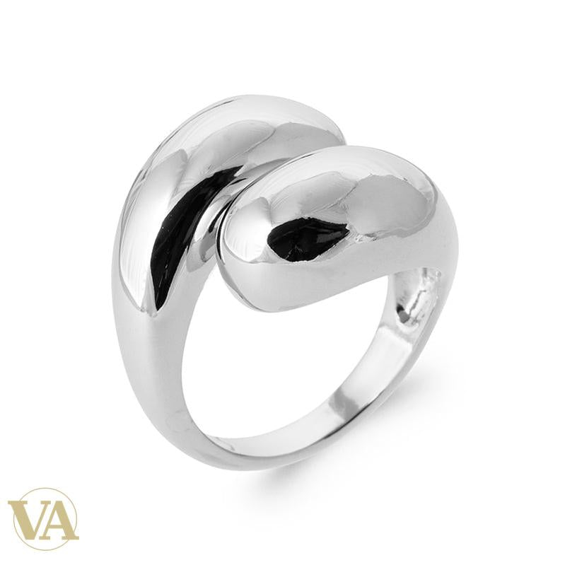 Bague Femme Argent 925 Rhodié – Deux Gouttes Polies Croisées — détail