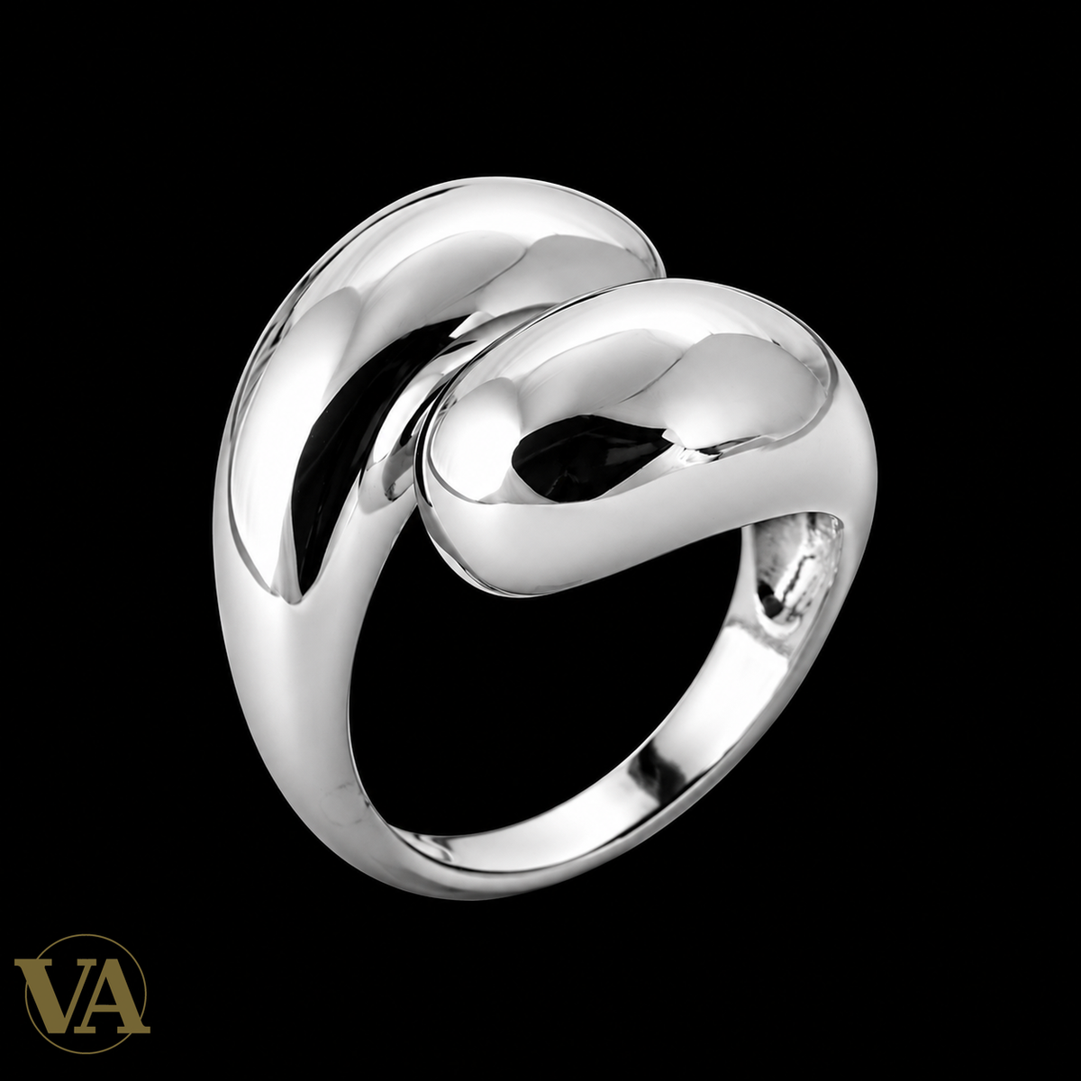 Bague Femme Argent 925 Rhodié – Deux Gouttes Polies Croisées — vue sur fond noir