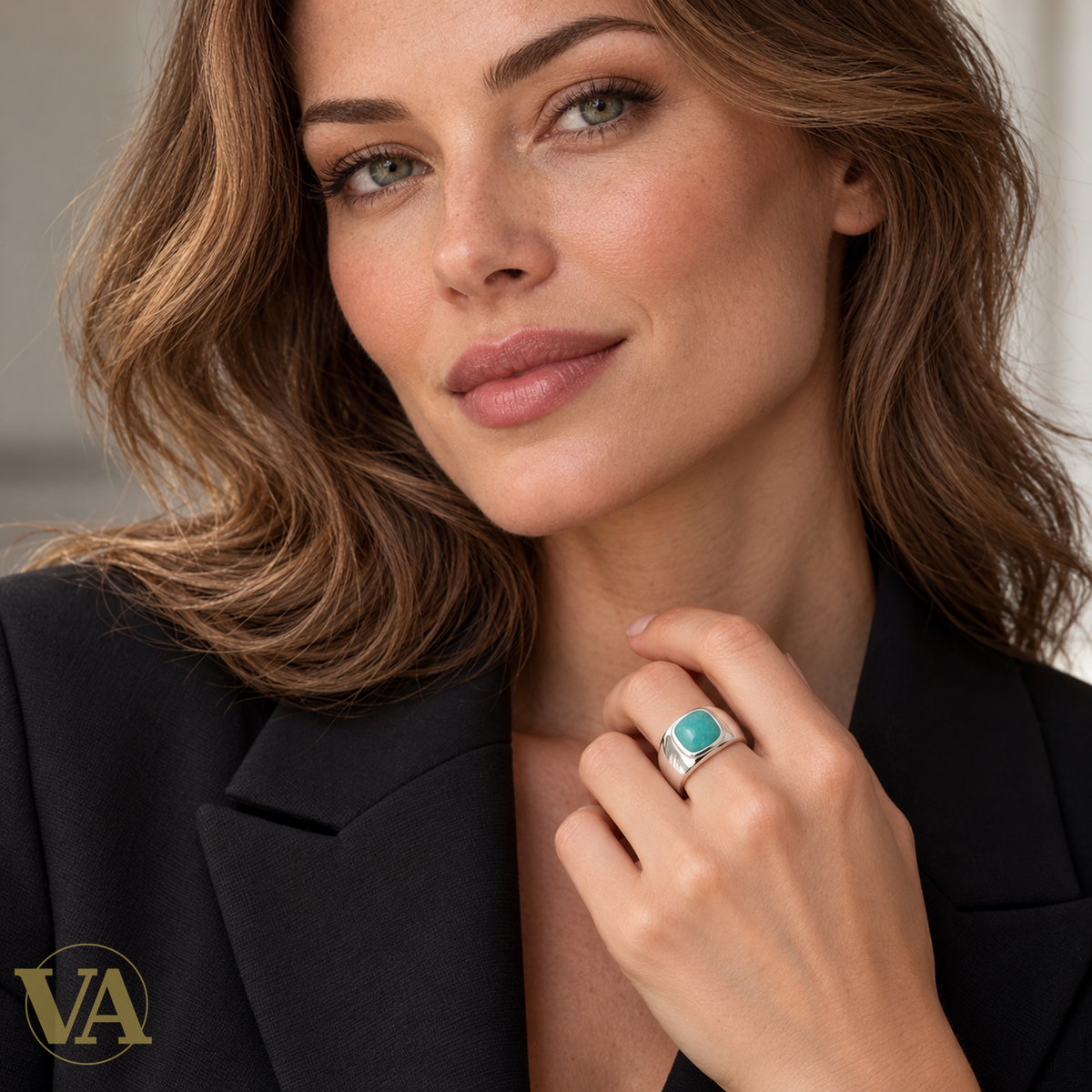 Bague Femme Argent 925 Rhodié – Amazonite Carrée — vue portée avec portrait