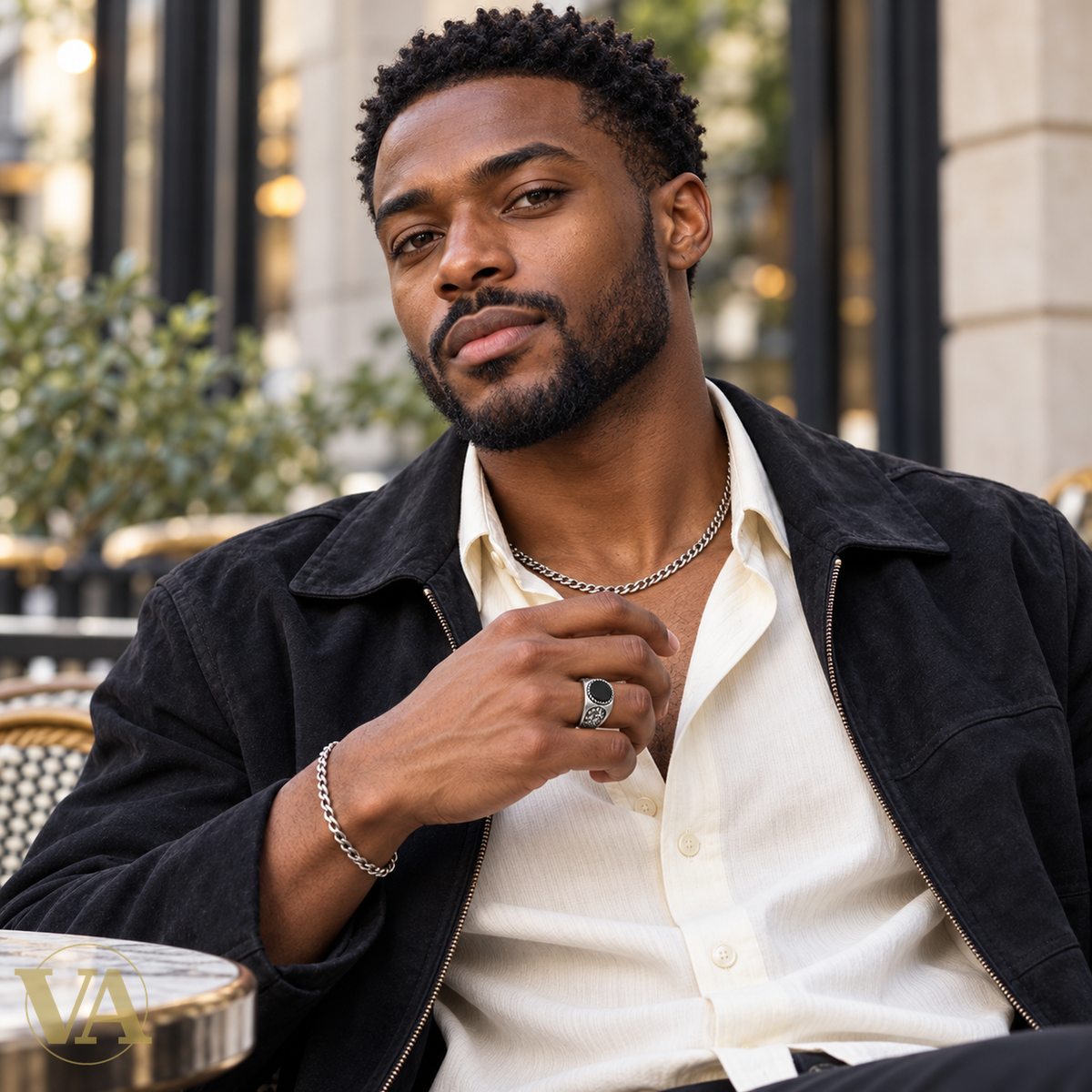 Bague Homme Argent 925 – Agate Noire et Arabesques — Portrait lifestyle avec bague, chaîne et bracelet