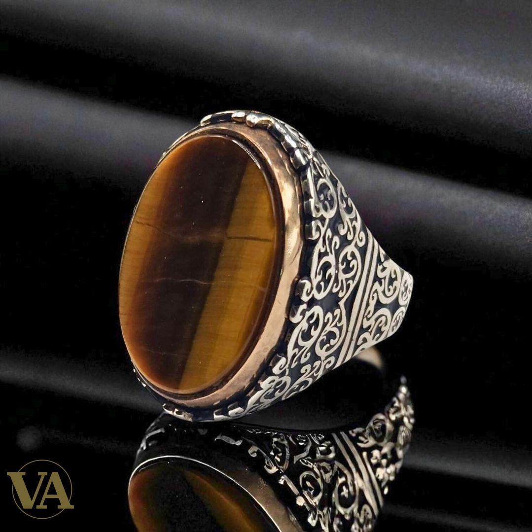 Bague homme argent 925 rotative – Œil de Tigre & Agate