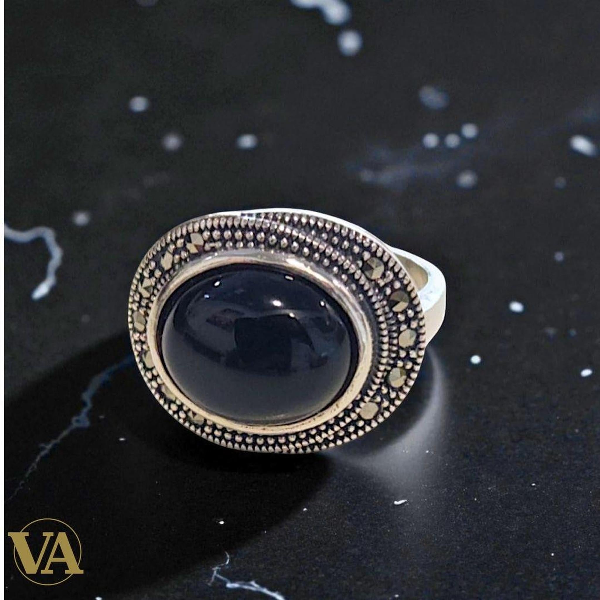 Bague Femme Argent 925 Onyx Noir & Marcassites | Bijoux Vindicta