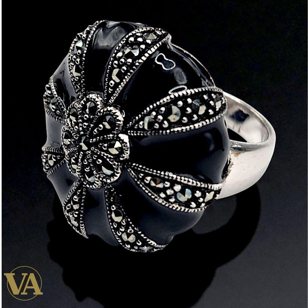 Bague femme argent 925 onyx noir et marcassites