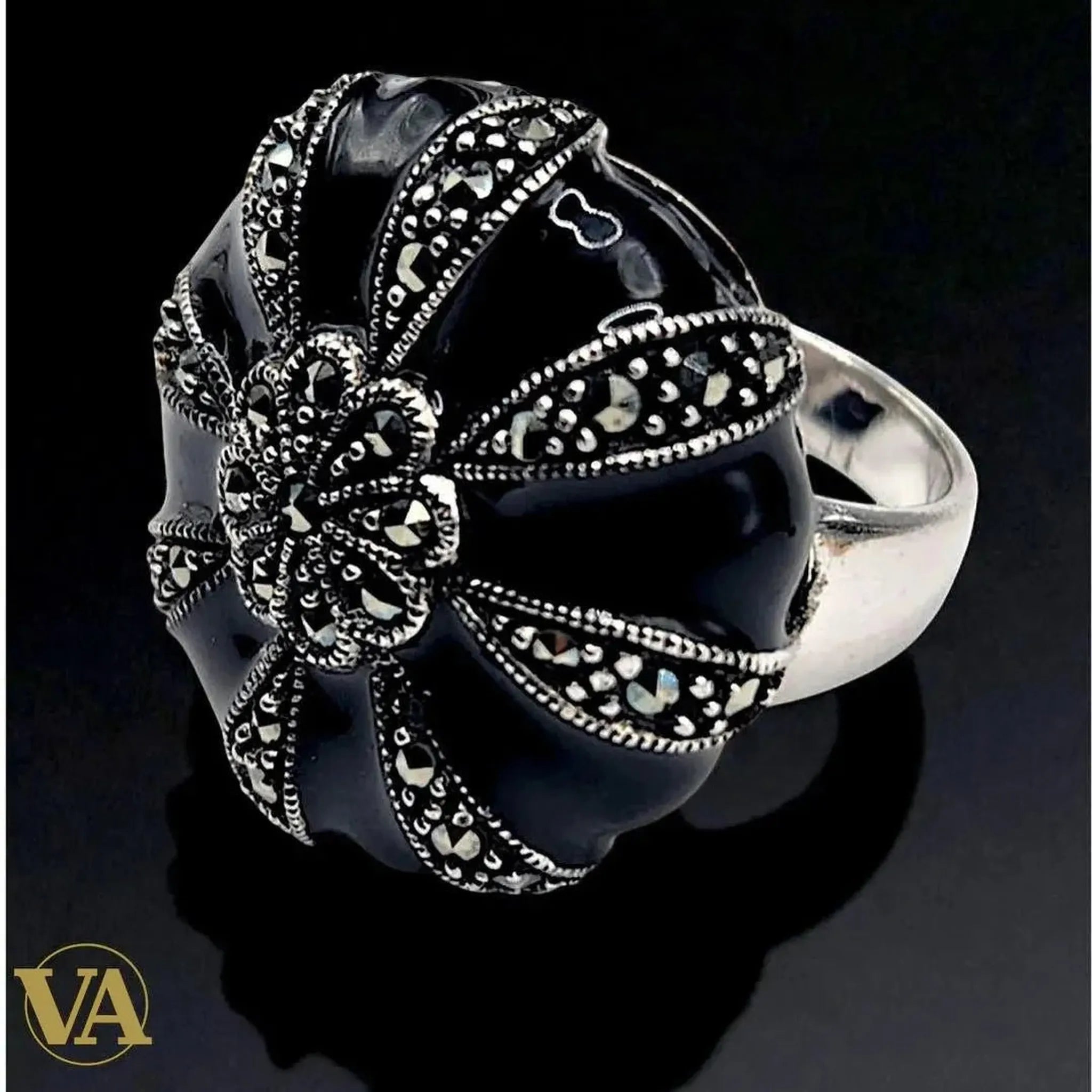 Bague femme argent 925 onyx noir et marcassites - Argent 925 - Vindicta