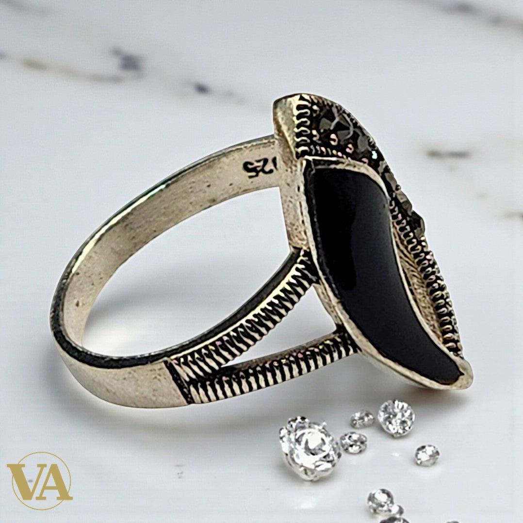 Bague femme argent 925 onyx noir et marcassites | Bijoux Vindicta