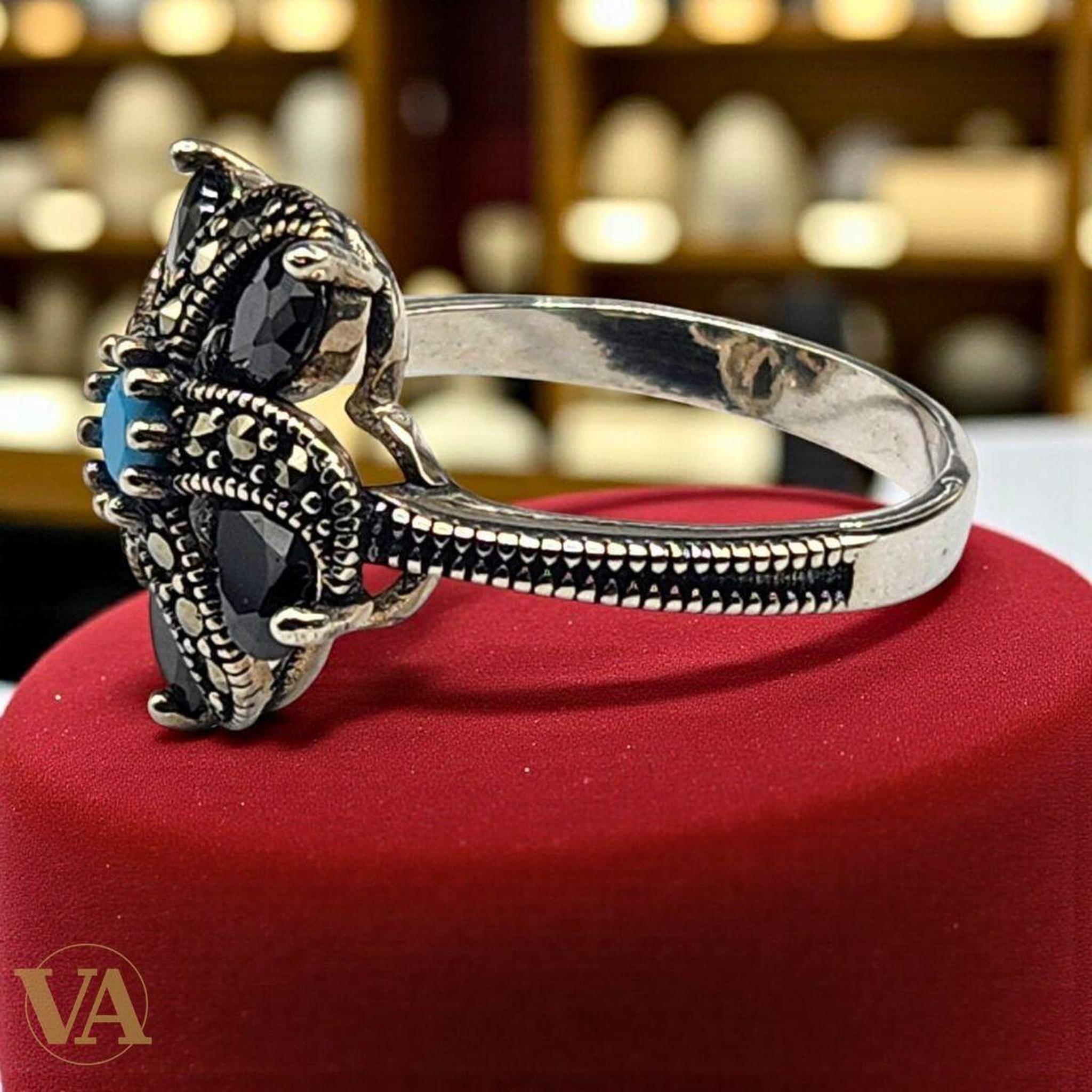 Bague Femme Fleur Argent 925 – Onyx noir & Turquoise | Bijoux Vindicta