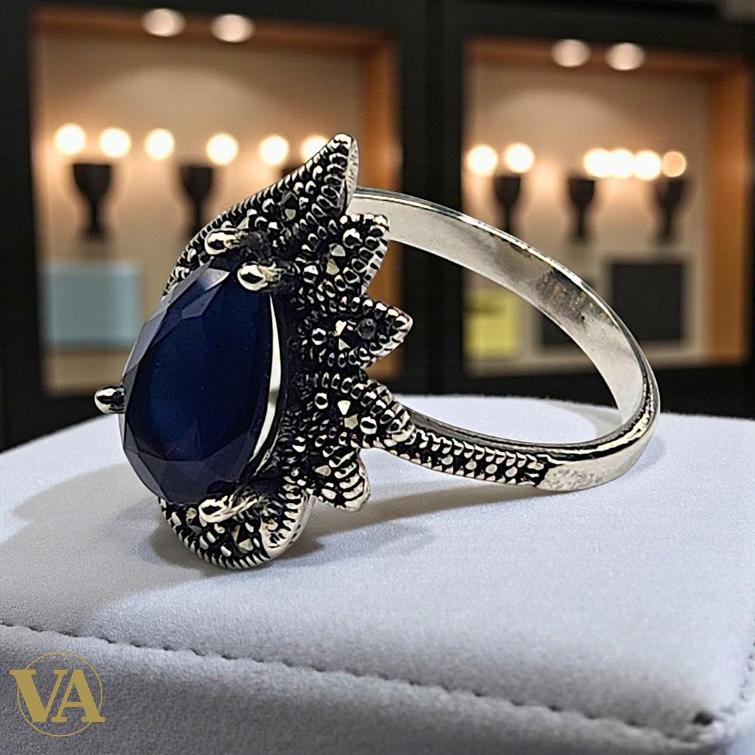 Bague femme argent 925 saphir bleu et marcassites | Bijoux Vindicta
