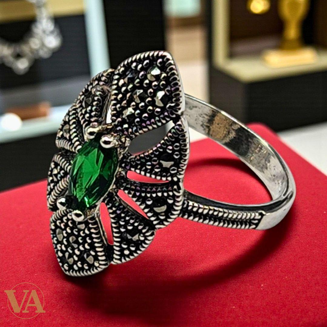 Bague Femme Argent 925 – Pierre Verte Marquise & Marcassites