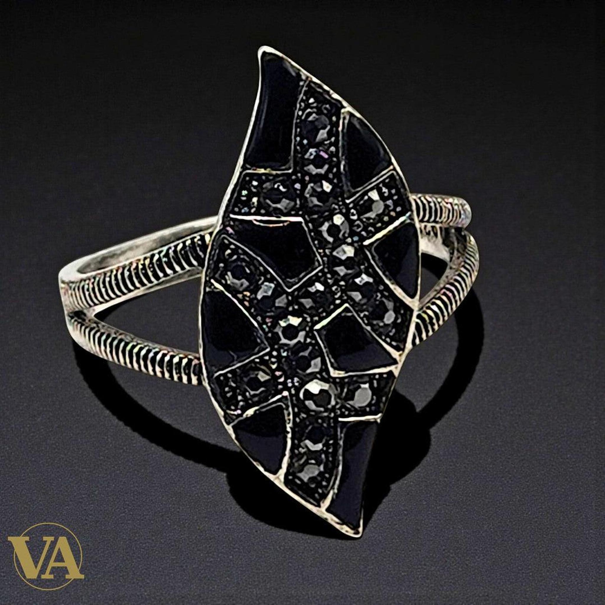 Bague femme argent 925 onyx noir marcassites - Argent 925 - Vindicta