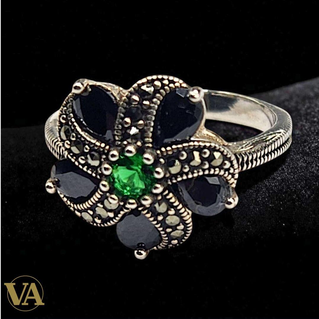 Bague fleur argent 925 marcassite – Pierres noires et vertes