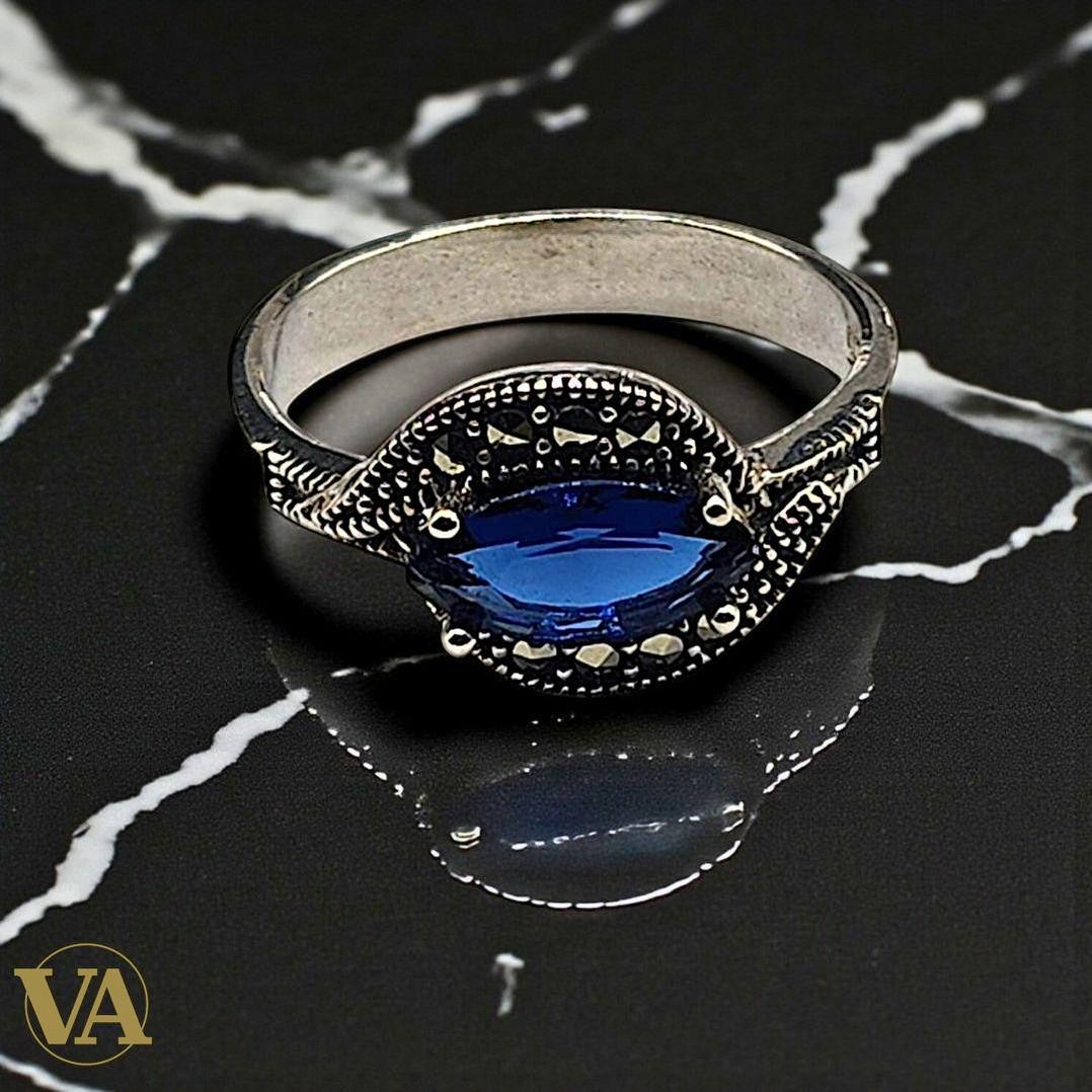 Bague Marquise Argent 925 – Pierre bleue & Marcassites