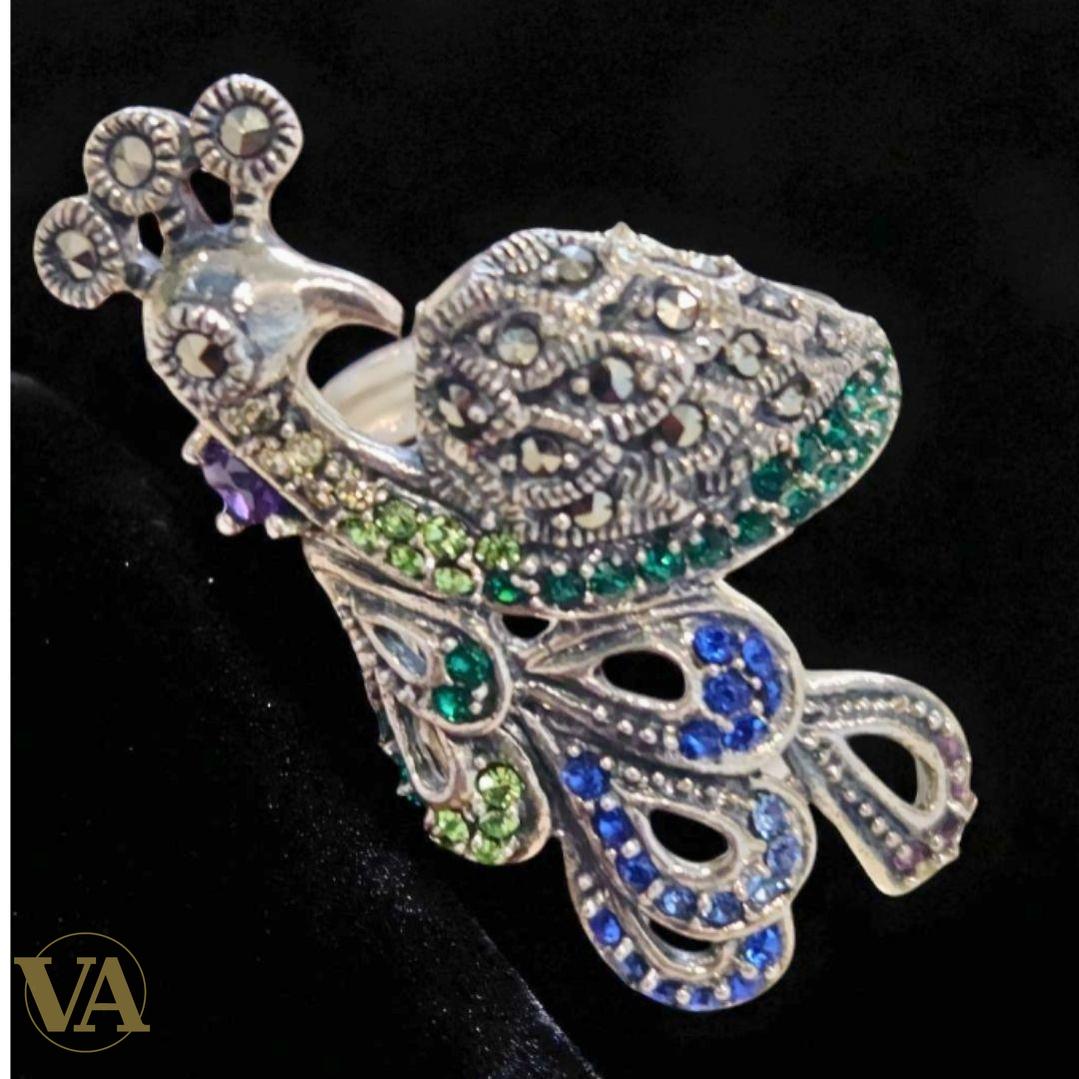 Bague Argent 925 Paon Marcassites & Pierres