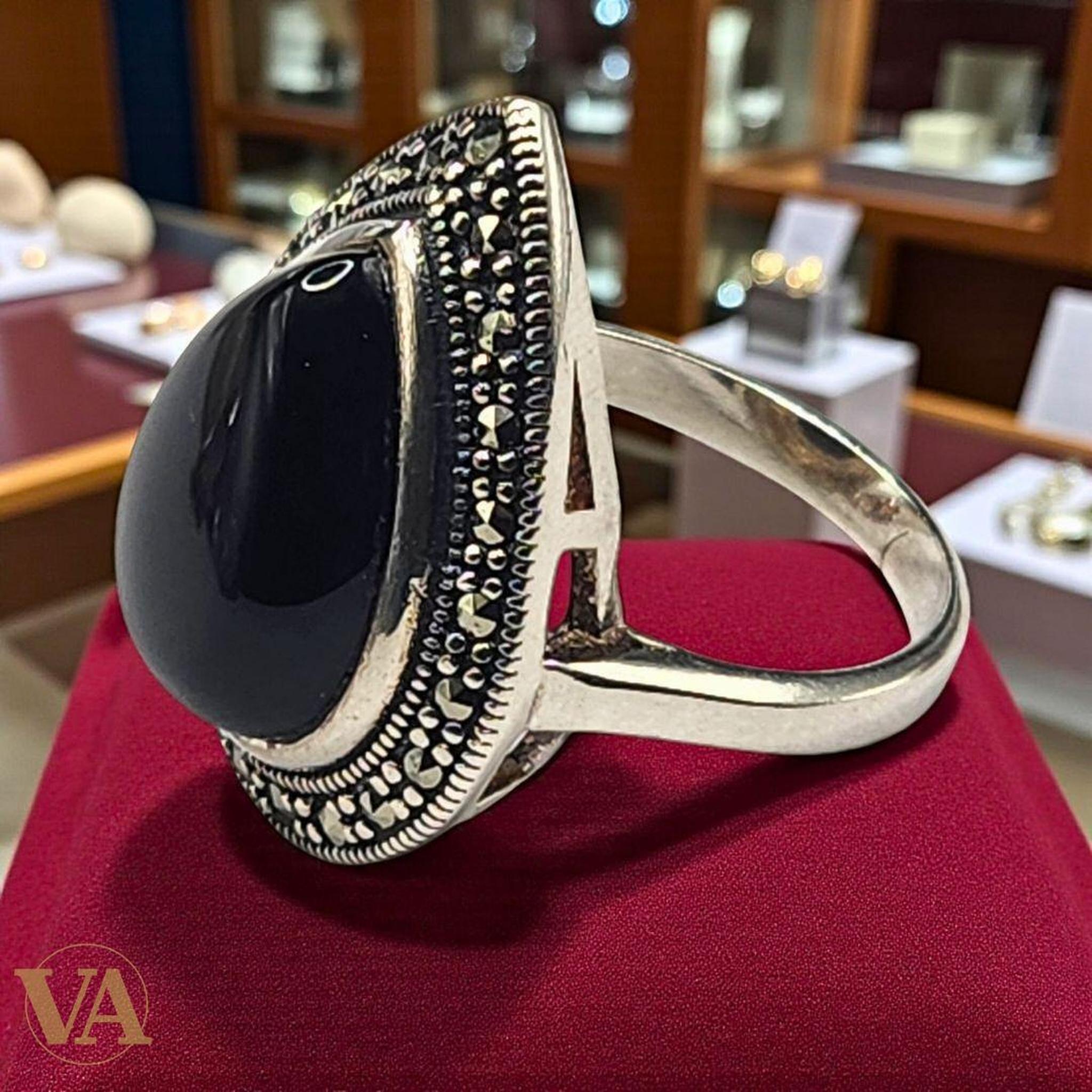 Bague femme argent 925 onyx et marcassites | Bijoux Vindicta