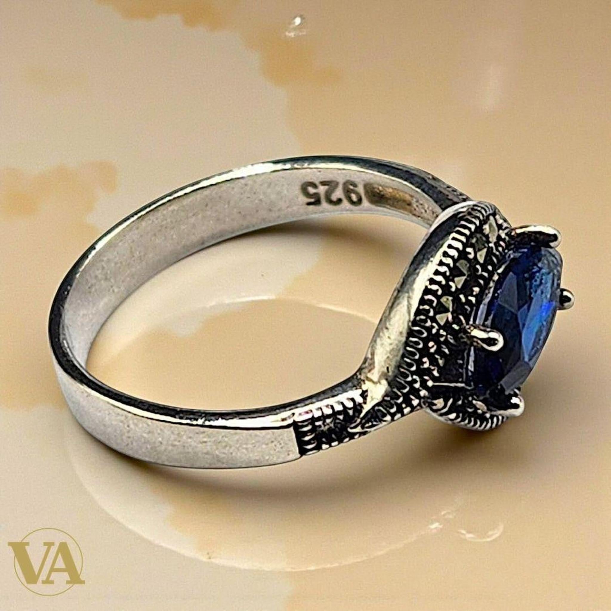 Bague Femme Marquise Argent 925 – Pierre bleue & Marcassites | Bijoux Vindicta