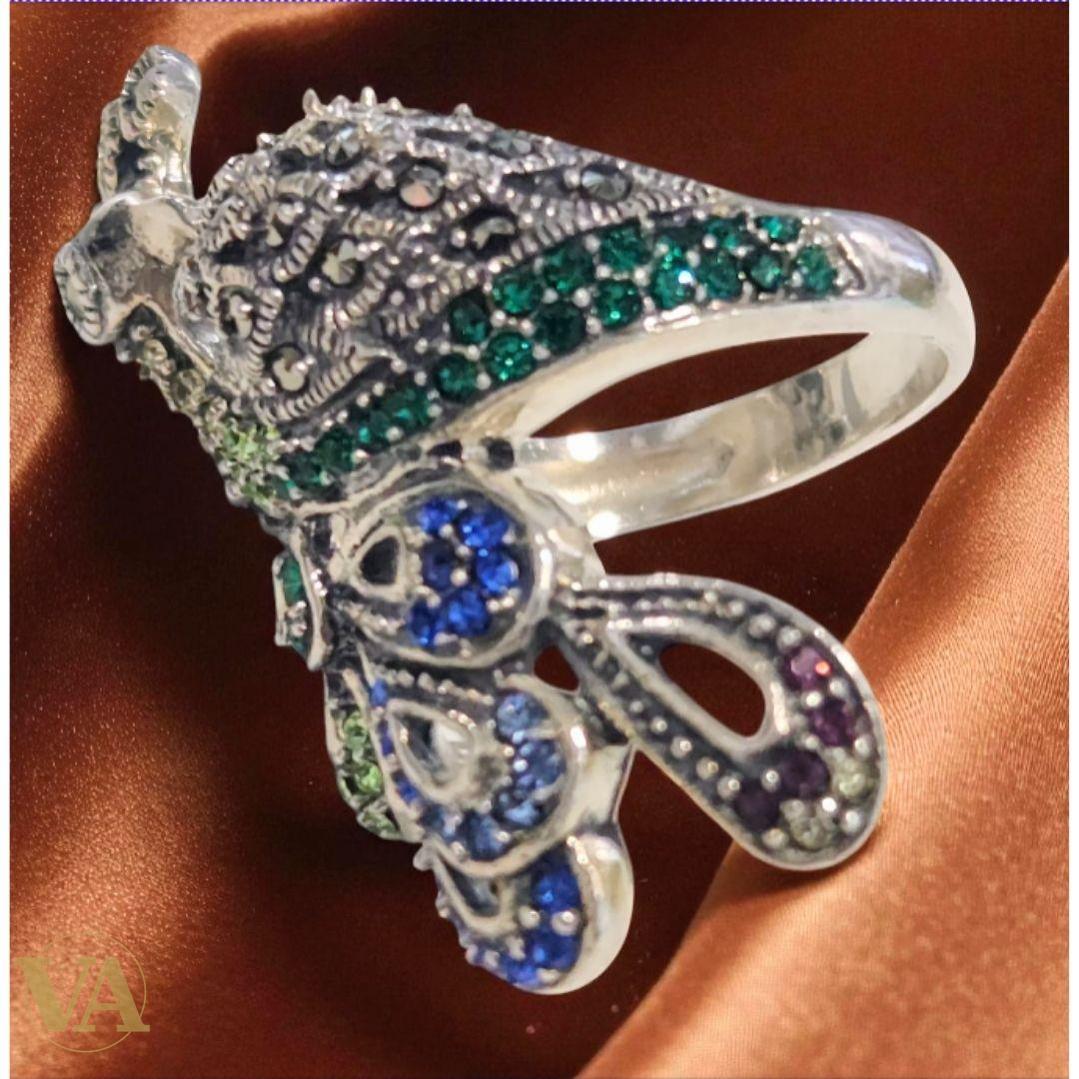 Bague Argent 925 Paon Marcassites & Pierres