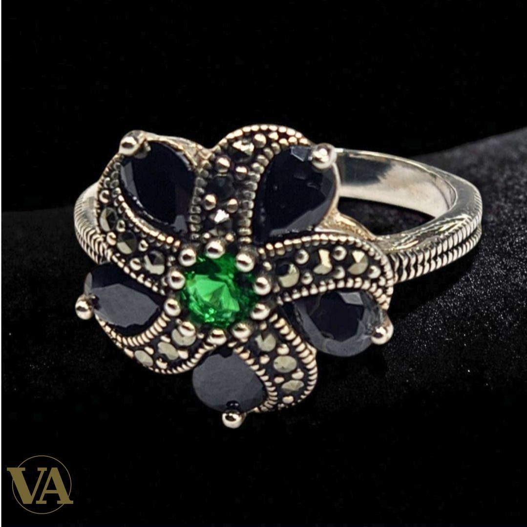 Bague fleur argent 925 marcassite – Pierres noires et vertes