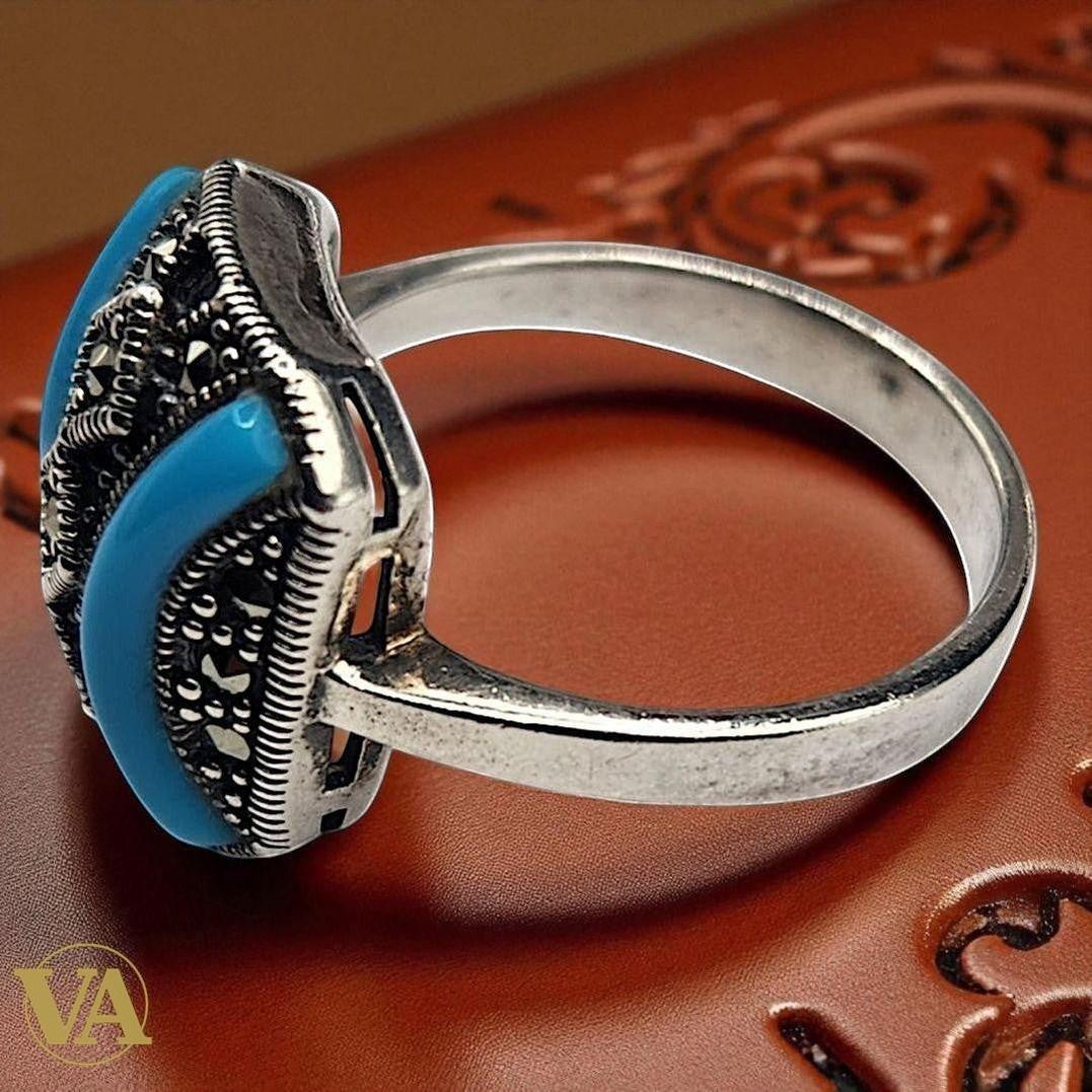 Bague Femme argent 925 turquoise et marcassites | Bijoux Vindicta