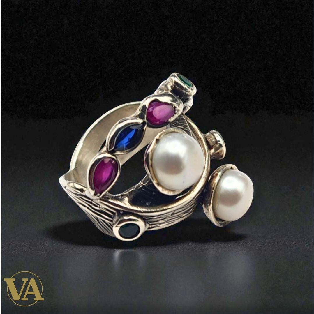 Bague Femme argent 925 perles et pierres colorées | Bijoux Vindicta