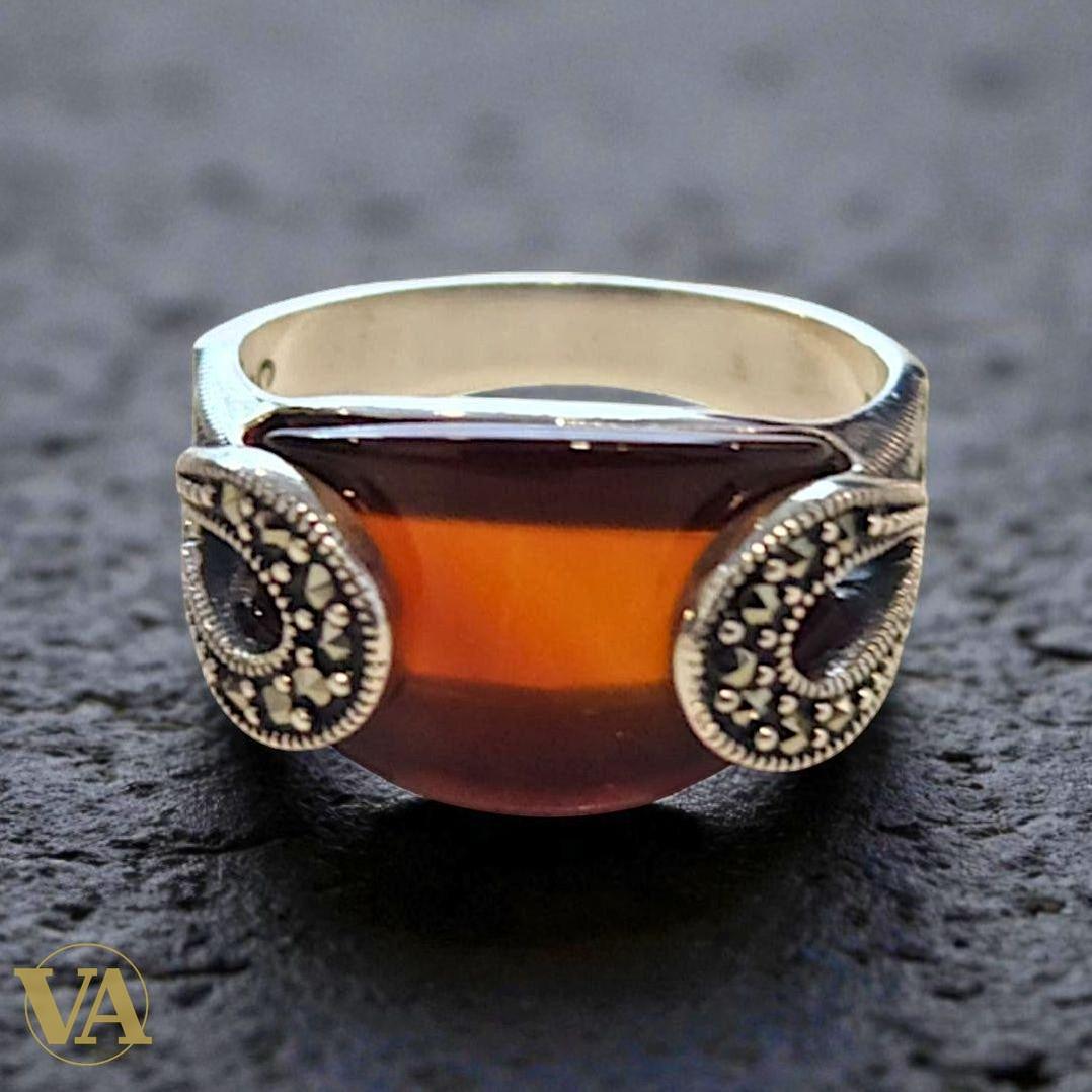 Bague Argent 925 Agate Orange & Marcassites