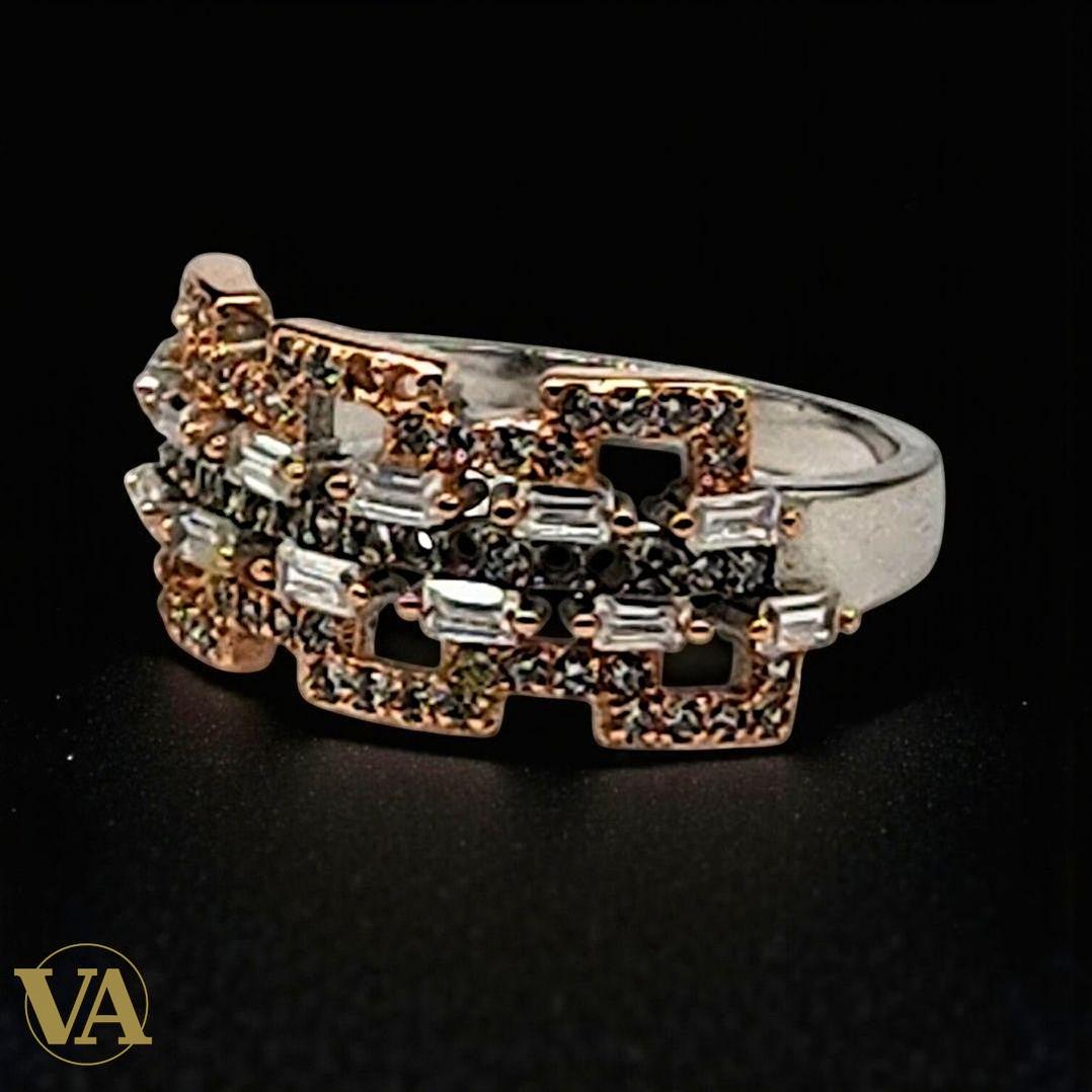 Bague femme argent 925 plaqué or rose – Zirconiums blancs et multicolores – Design géométrique chic