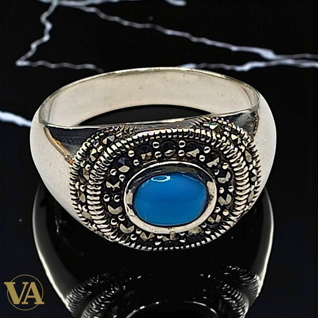 Bague femme argent 925 turquoise et marcassites