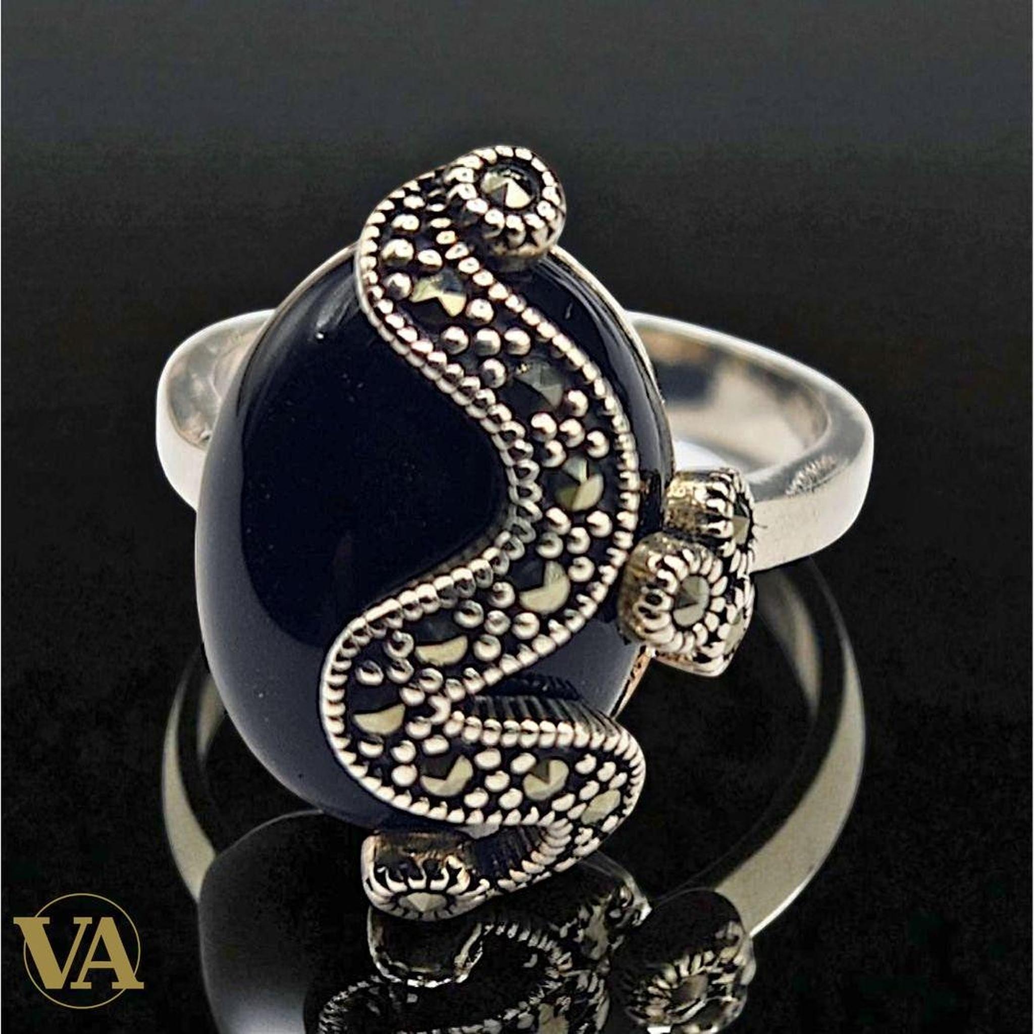 Bague femme argent 925 onyx & marcassites – Élégance intemporelle | Bijoux Vindicta