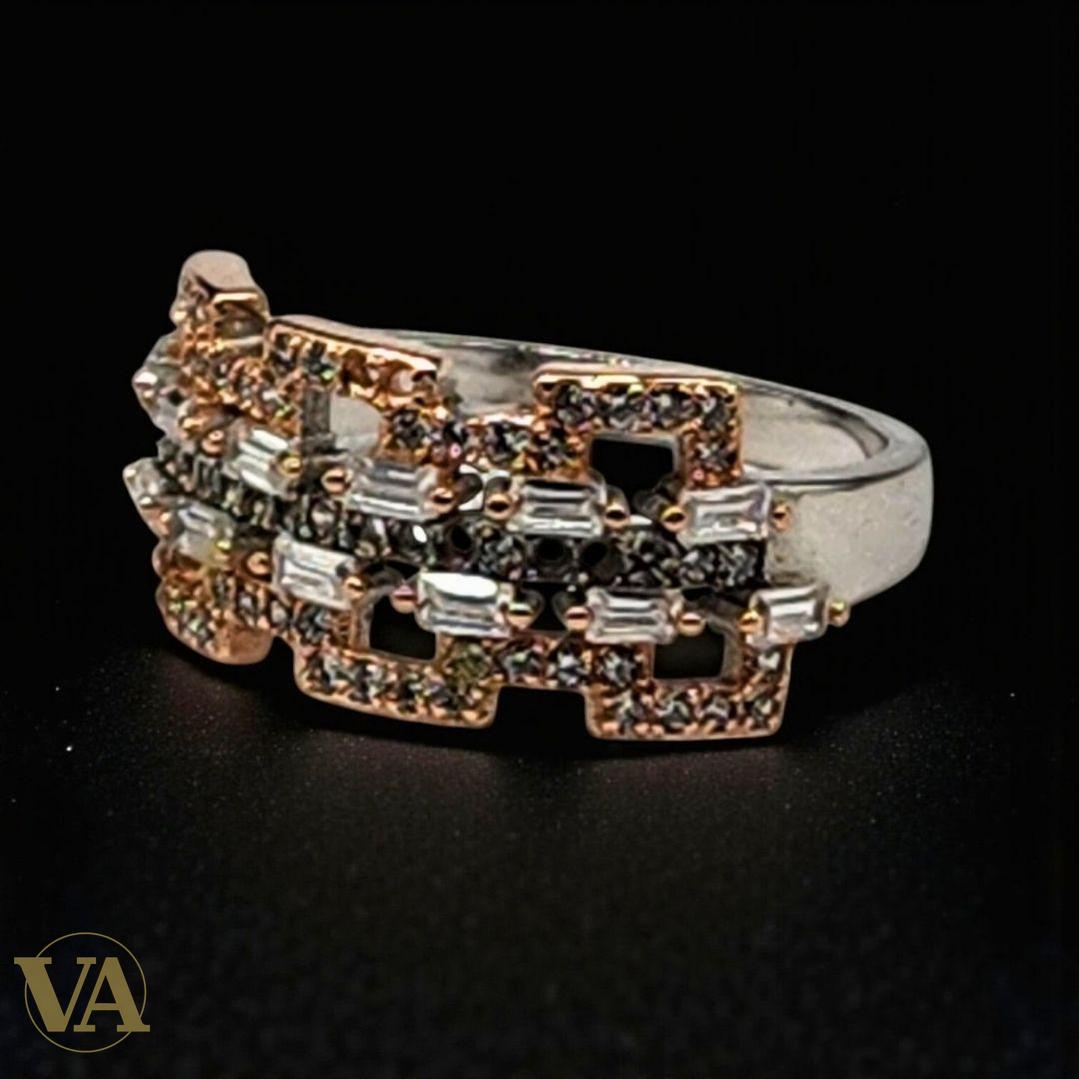 Bague femme argent 925 plaqué or rose – Zirconiums blancs et multicolores – Design géométrique chic