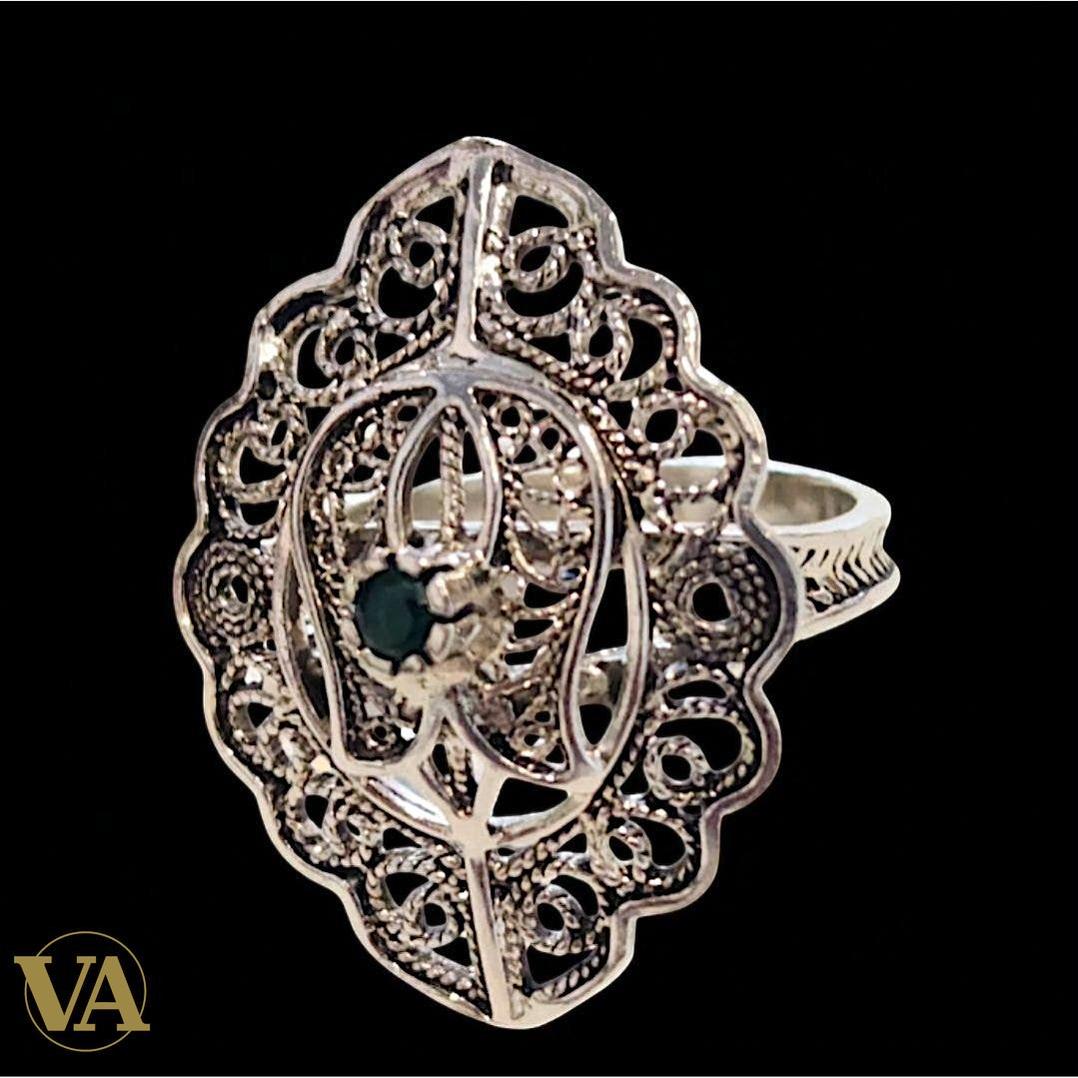 Bague Argent 925 Ajourée & Pierre Verte