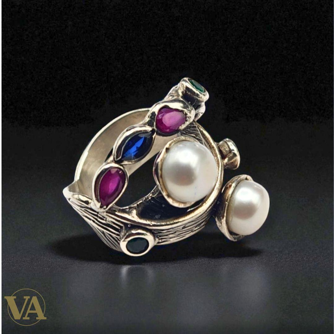 Bague argent 925 perles et pierres colorées