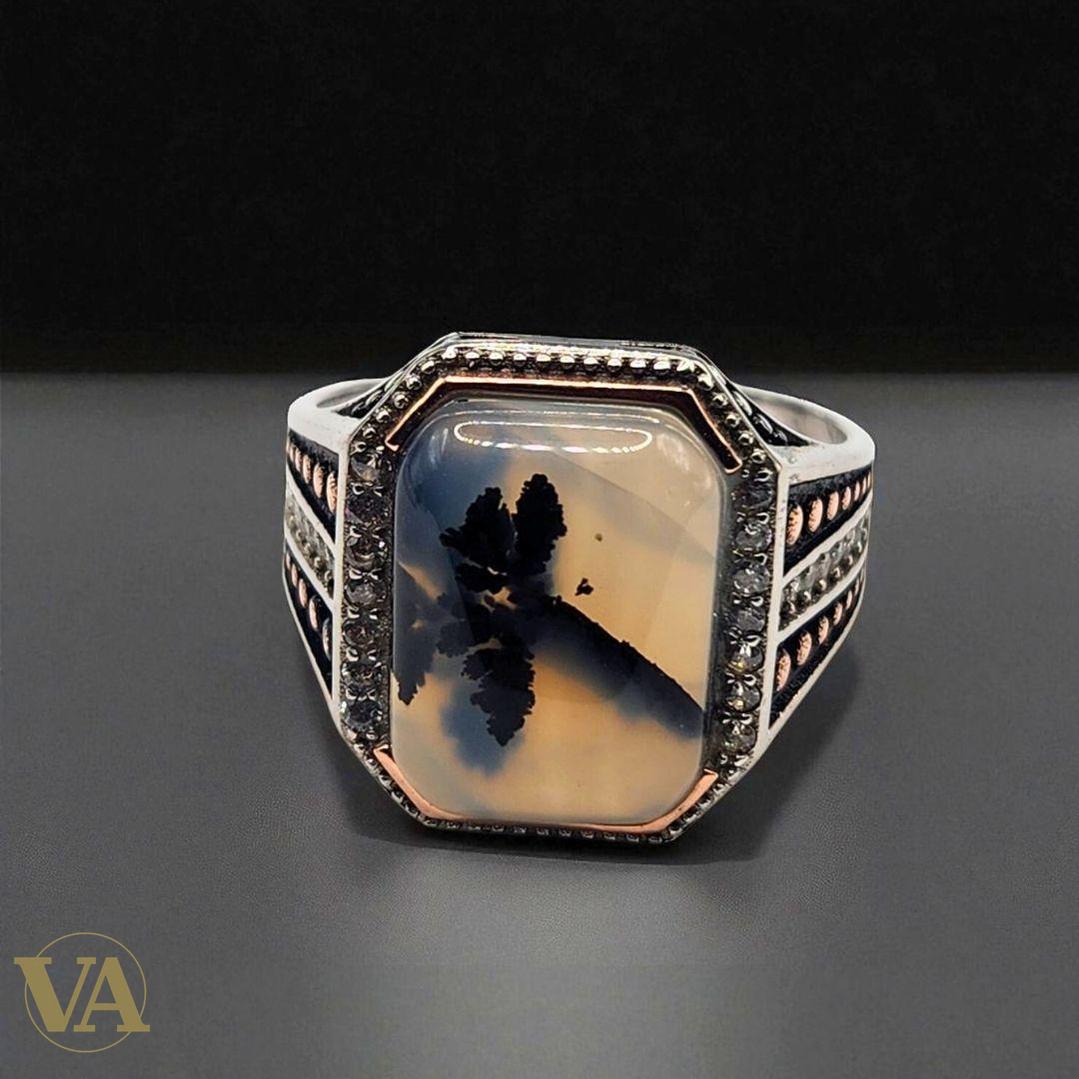Bague homme argent 925 agate dendritique