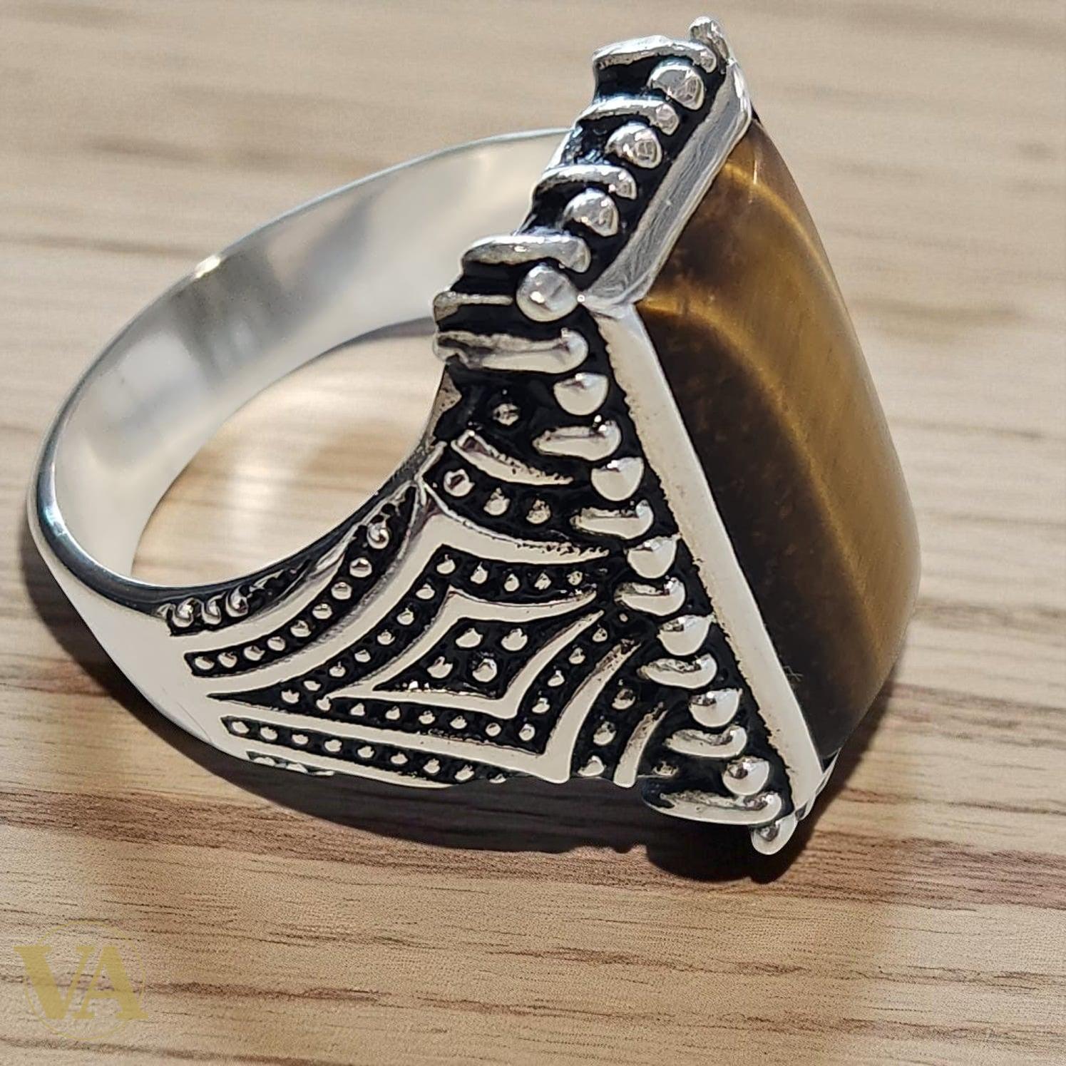 Bague homme argent 925 avec Œil de Tigre naturel | Bijoux Vindicta